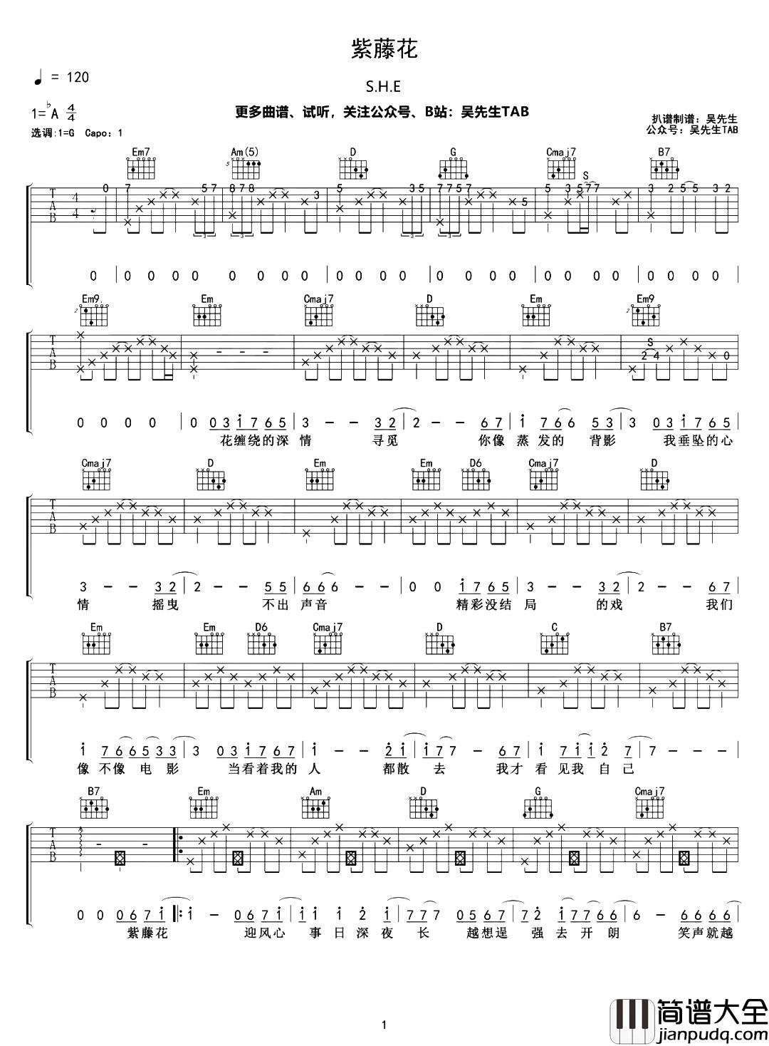 紫藤花吉他谱_SHE_紫藤花_G调原版六线谱_吉他弹唱谱