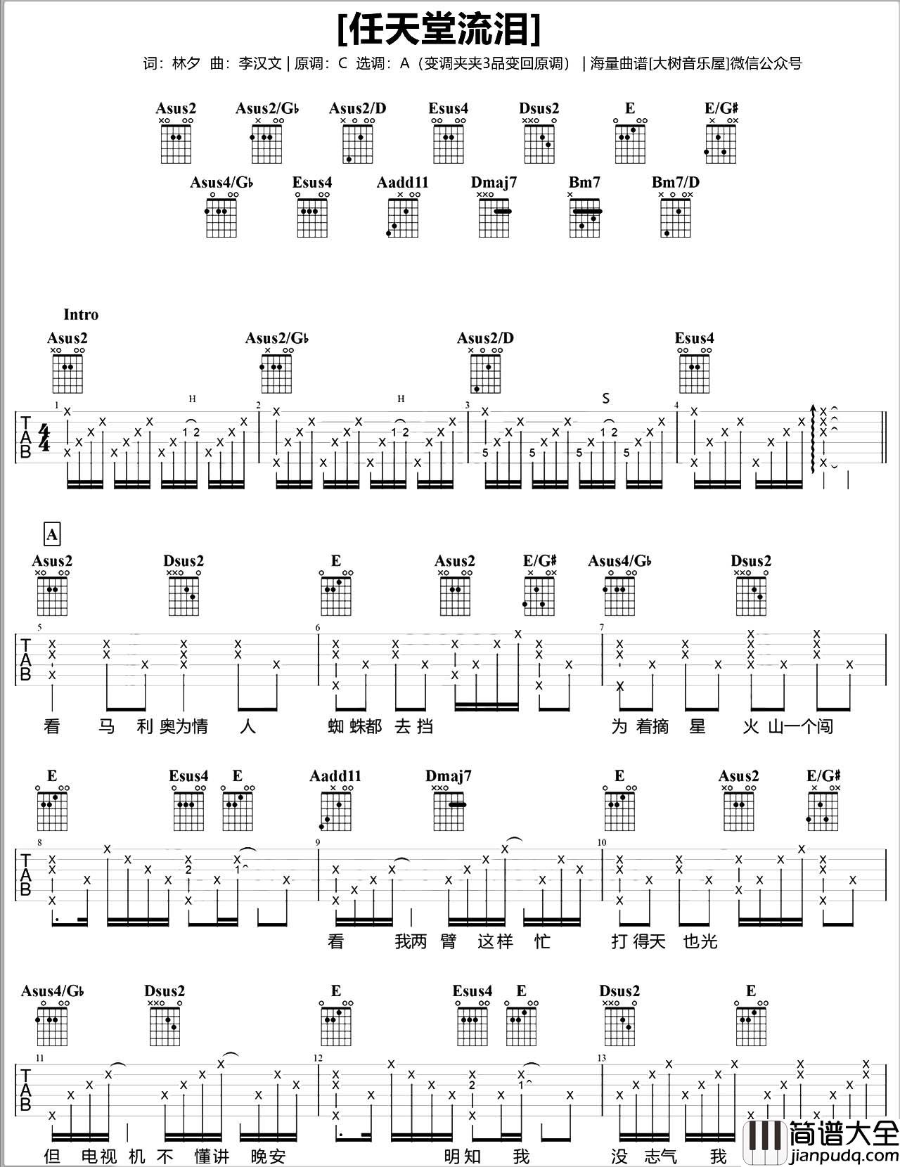 任天堂流泪吉他谱_古巨基_A调原版六线谱_吉他弹唱教学