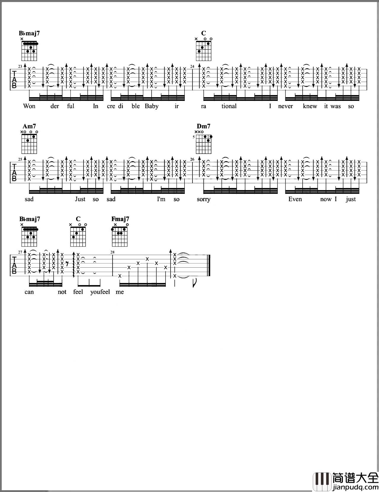 Wonderful_U吉他谱_AGA江海迦_F调六线谱_吉他弹唱教学