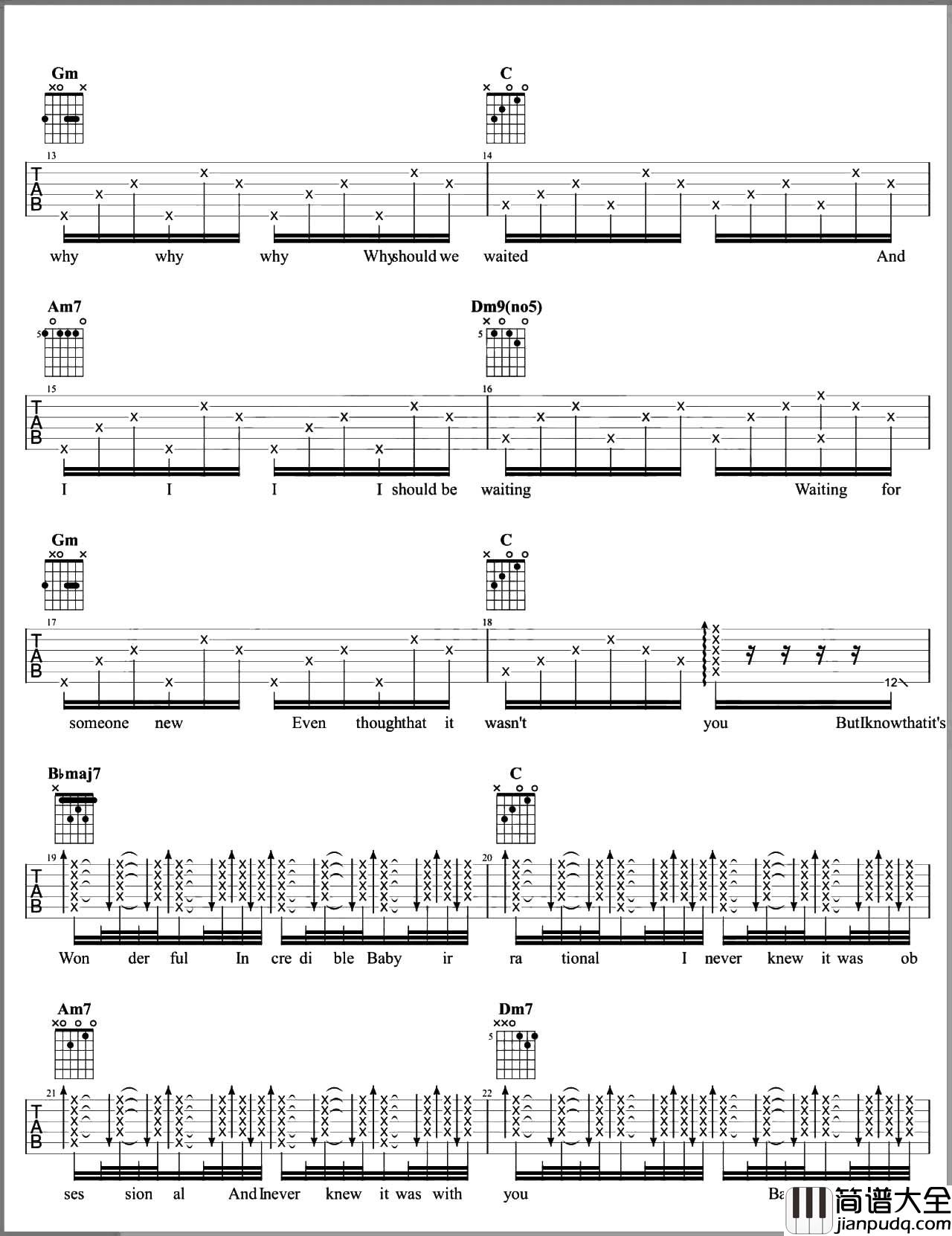 Wonderful_U吉他谱_AGA江海迦_F调六线谱_吉他弹唱教学