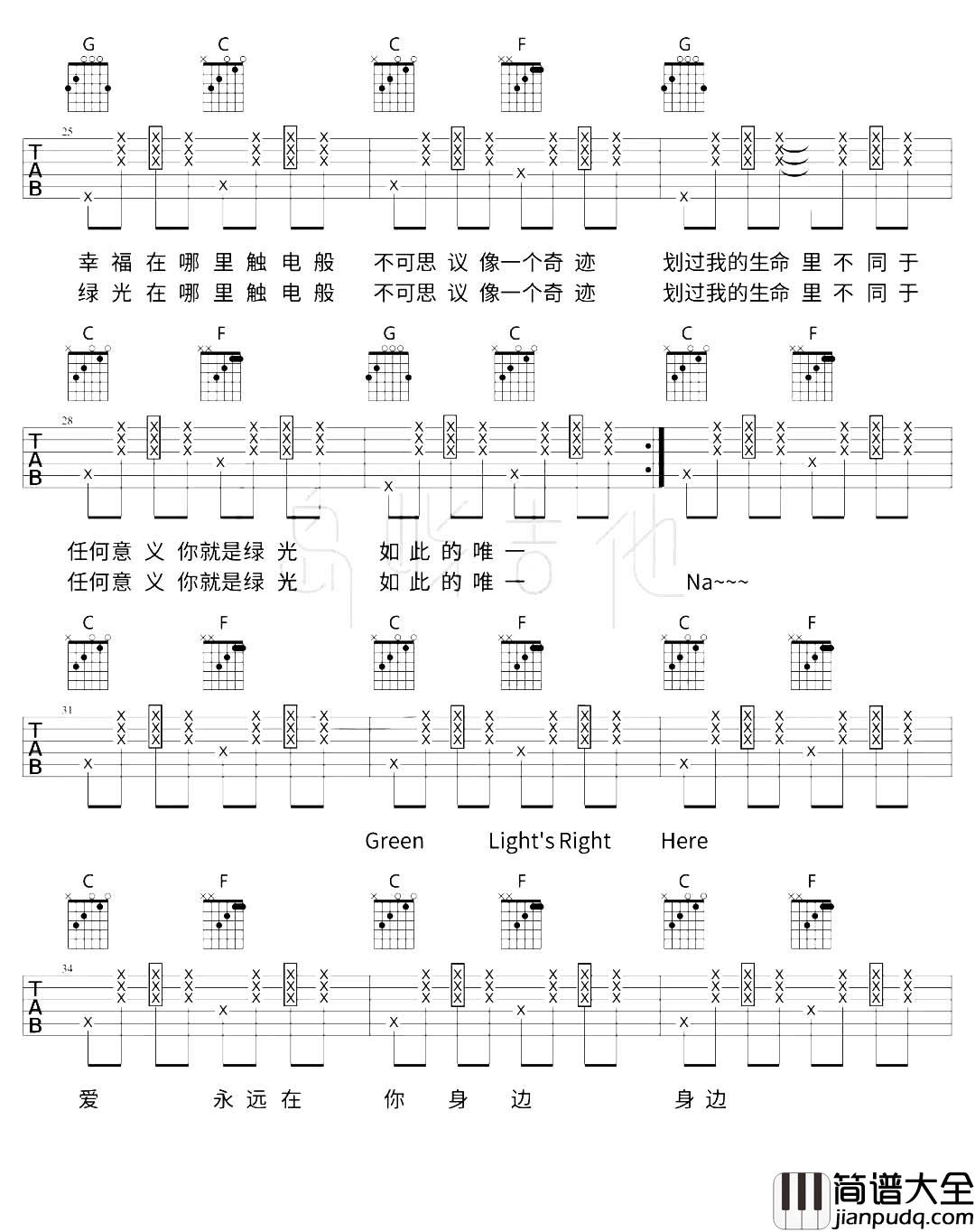 孙燕姿《绿光》吉他谱_C调拍弦版_《绿光》弹唱六线谱 孙燕姿_绿光_吉他谱_C调拍弦版__绿光_弹唱六线谱