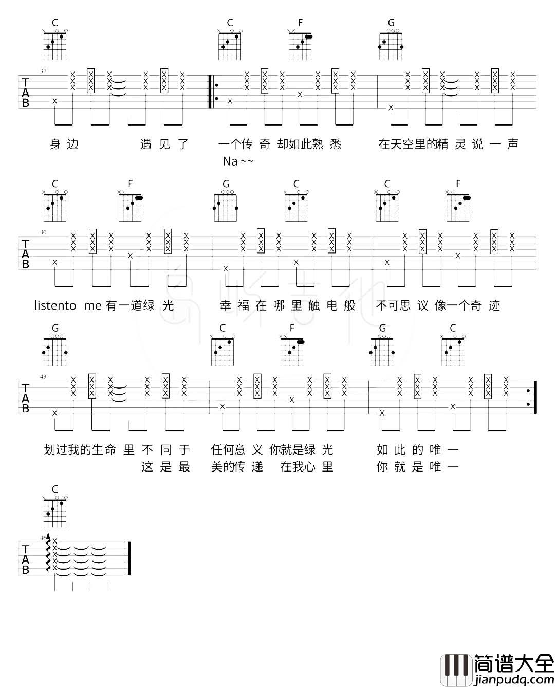 孙燕姿《绿光》吉他谱_C调拍弦版_《绿光》弹唱六线谱 孙燕姿_绿光_吉他谱_C调拍弦版__绿光_弹唱六线谱