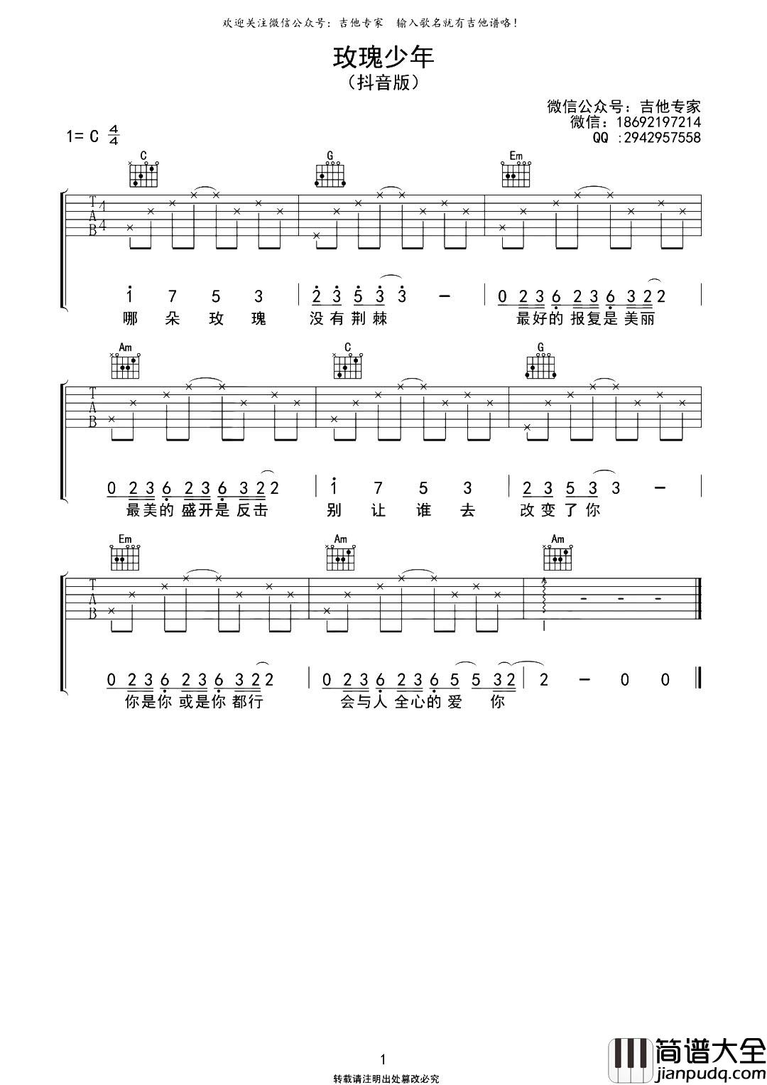 玫瑰少年吉他谱_抖音热门片段_C调弹唱六线谱