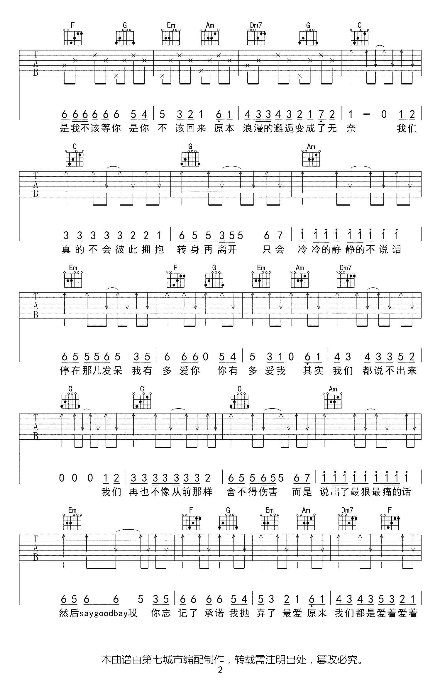 最后的人吉他谱_杨小壮_C调原版六线谱_吉他弹唱谱