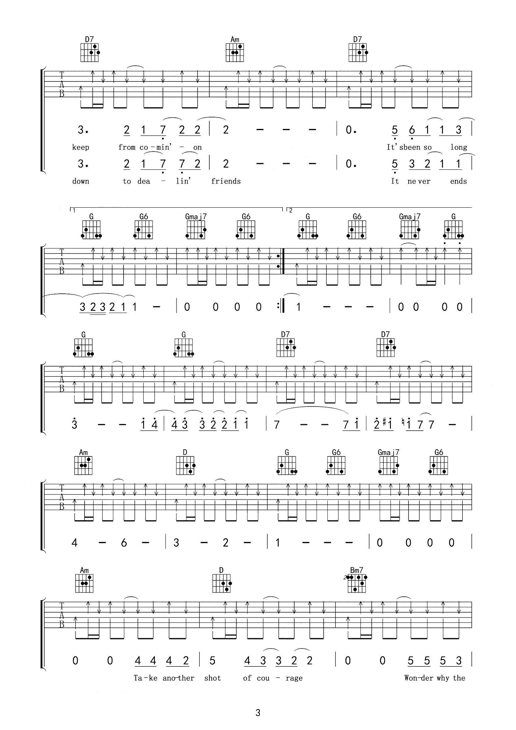 Tequila_Sunrise吉他谱_老鹰乐队_G调六线谱_吉他弹唱教学