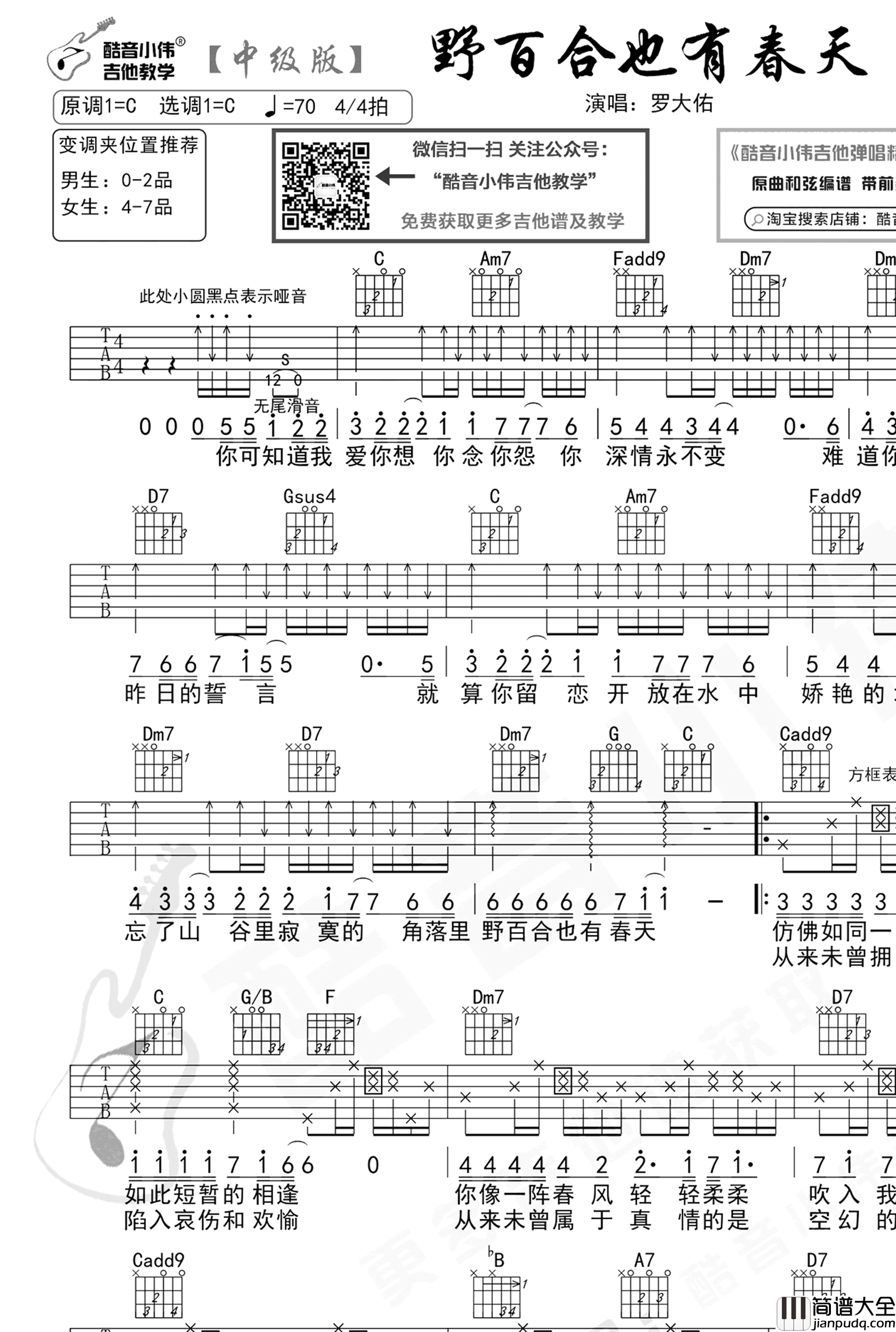 野百合也有春天吉他谱_罗大佑_C调中级版_吉他弹唱教学 野百合也有春天吉他谱_罗大佑_C调中级版_吉他弹唱教学