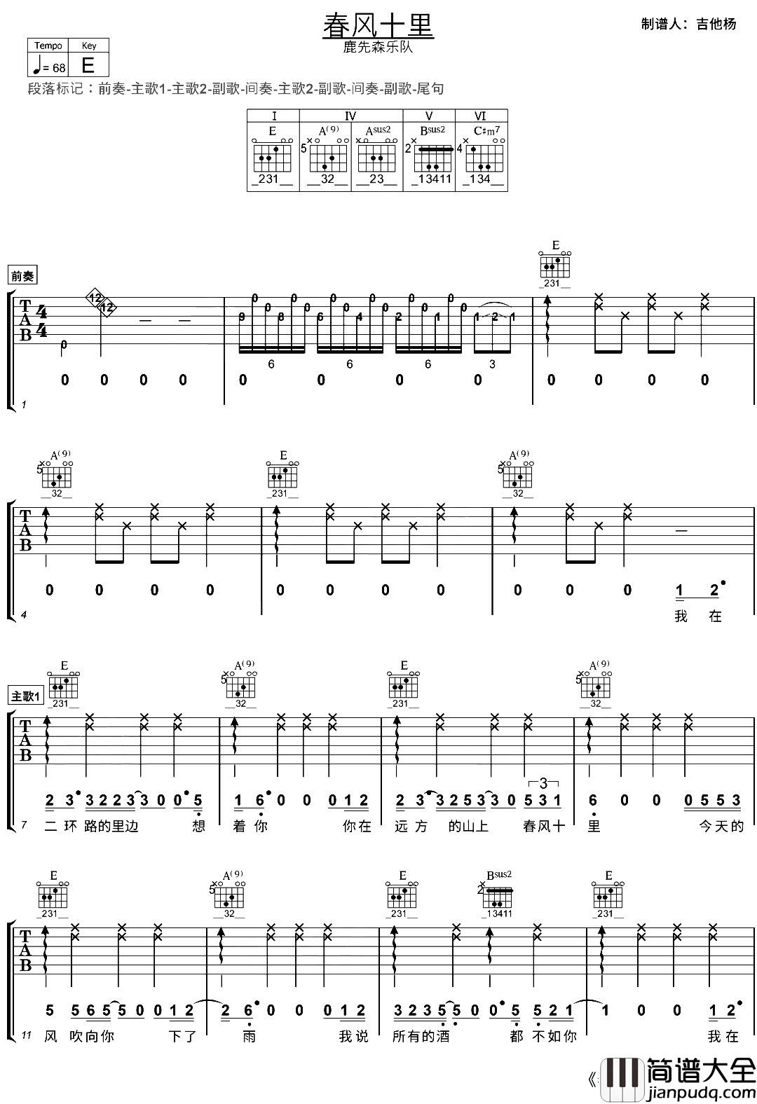 春风十里吉他谱_E调完整版_吉他弹唱演示_鹿先森乐队 春风十里吉他谱_E调完整版_吉他弹唱演示_鹿先森乐队