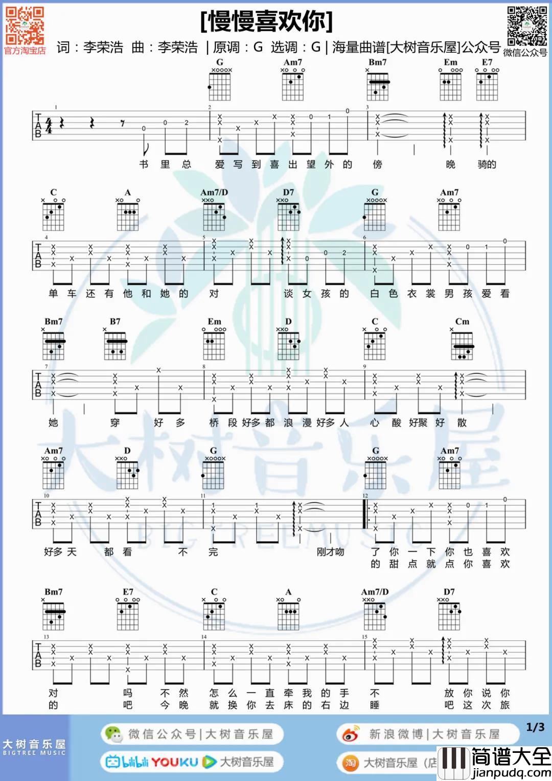 慢慢喜欢你吉他谱_莫文蔚_G调六线谱_吉他弹唱演示/教学 慢慢喜欢你吉他谱_莫文蔚_G调六线谱_吉他弹唱演示/教学