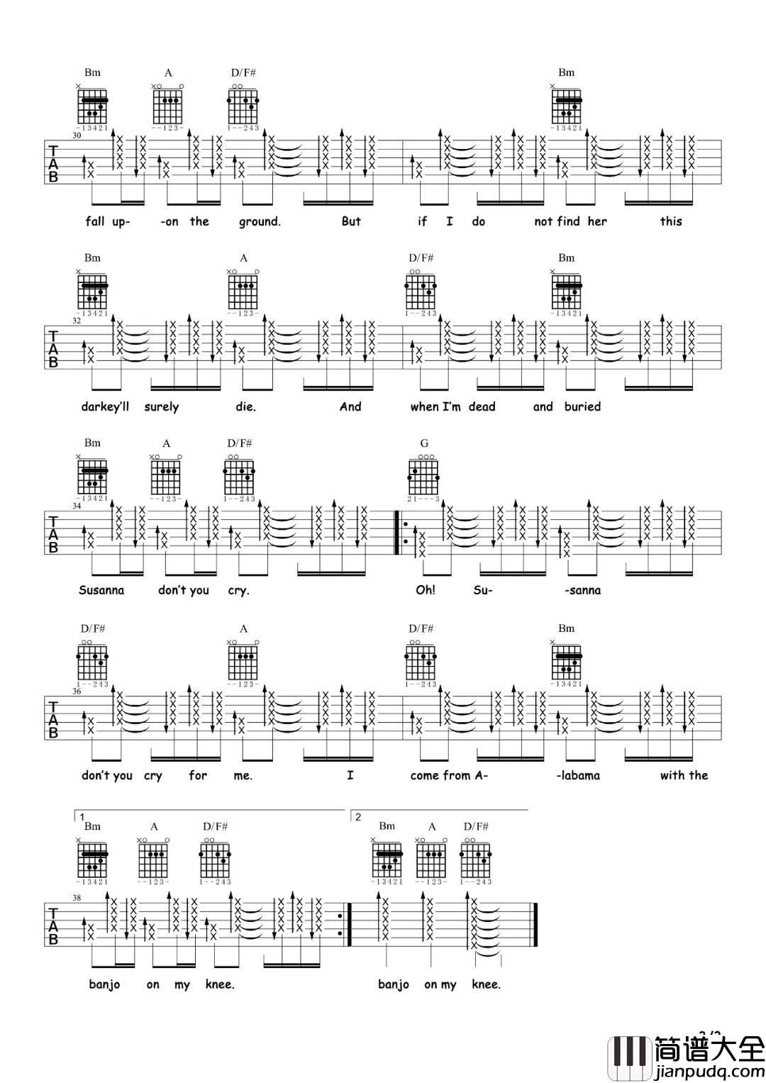 哦苏珊娜吉他谱_《蜜雪冰城甜蜜蜜》原曲_吉他弹唱演示 哦苏珊娜吉他谱__蜜雪冰城甜蜜蜜_原曲_吉他弹唱演示