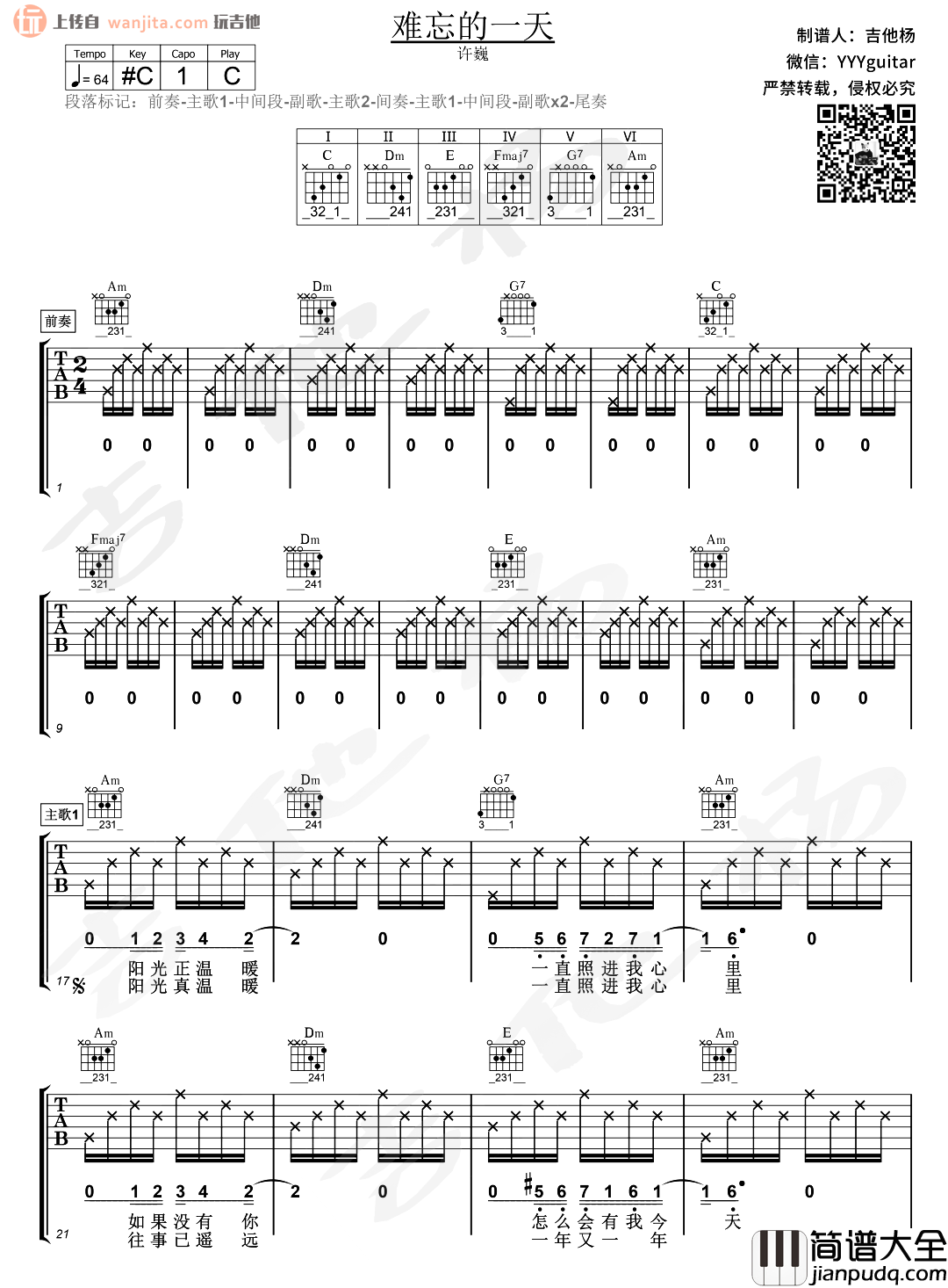 难忘的一天吉他谱_许巍_C调原版六线谱_高清图片谱 难忘的一天吉他谱_许巍_C调原版六线谱_高清图片谱