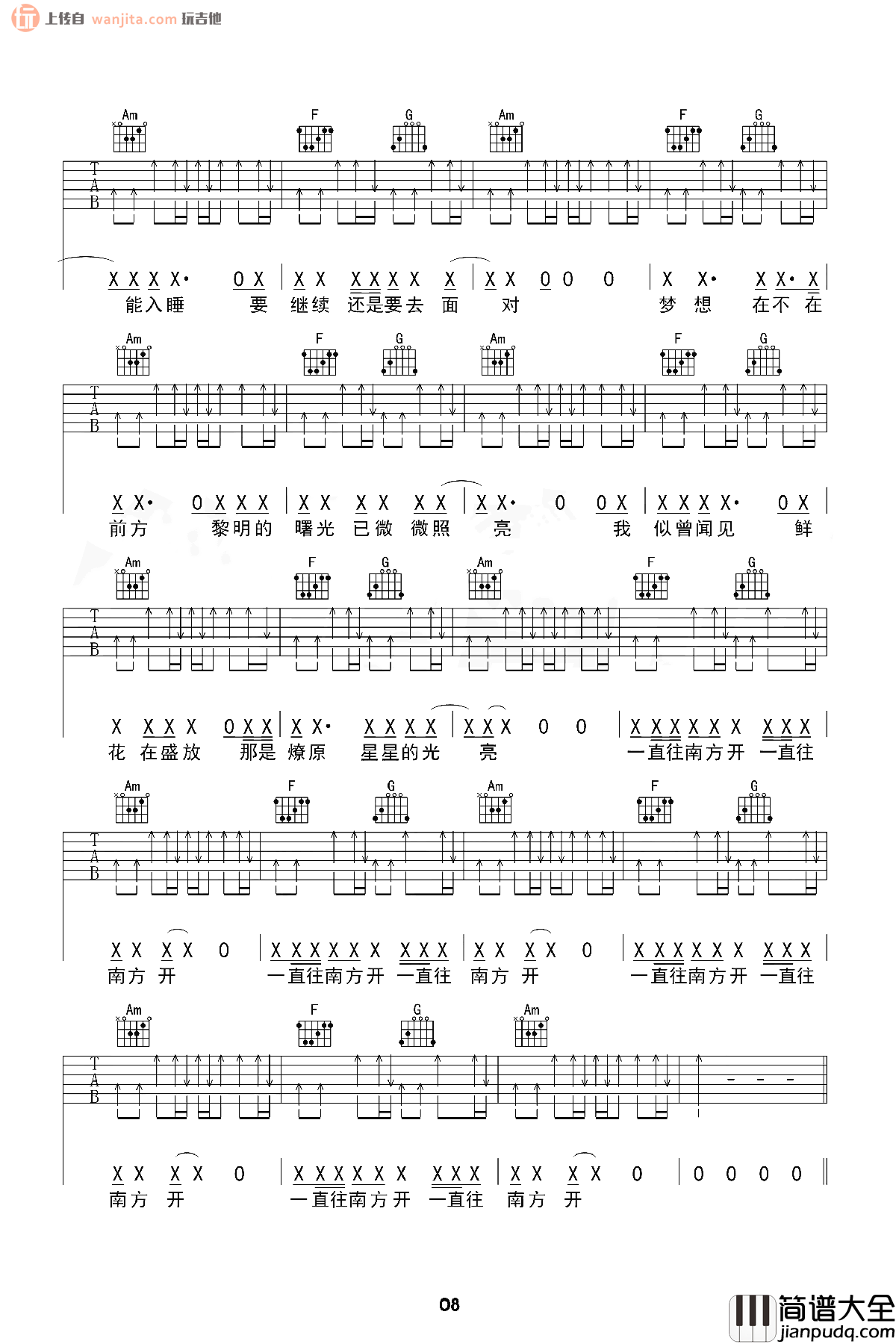 公路之歌吉他谱_痛仰乐队_C调完整版六线谱_吉他弹唱谱