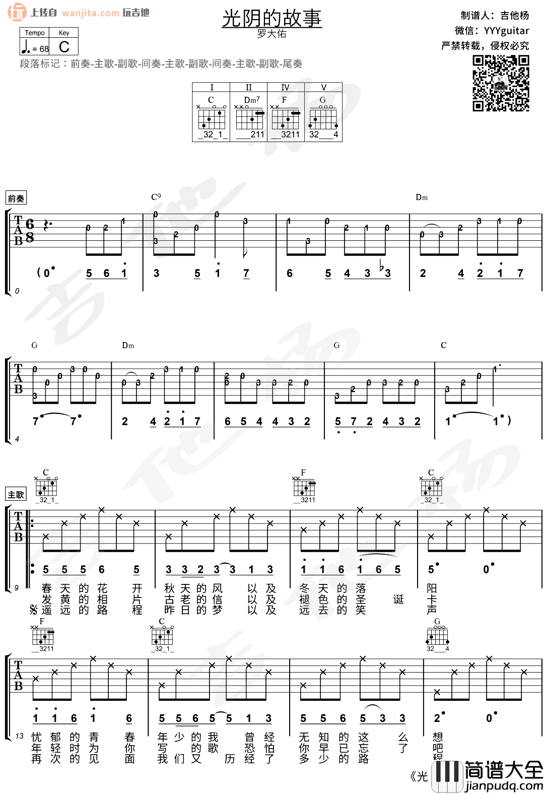 光阴的故事吉他谱_罗大佑_C调六线谱_吉他弹唱演示 光阴的故事吉他谱_罗大佑_C调六线谱_吉他弹唱演示