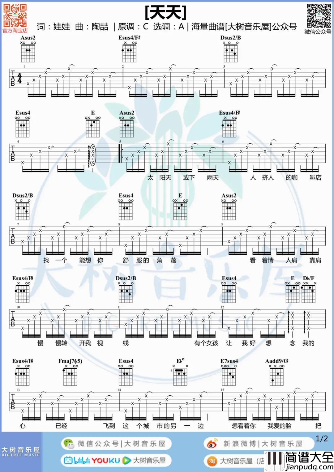 陶喆《天天》吉他谱_A调六线谱_《天天》吉他弹唱演示/教学 陶喆_天天_吉他谱_A调六线谱__天天_吉他弹唱演示/教学