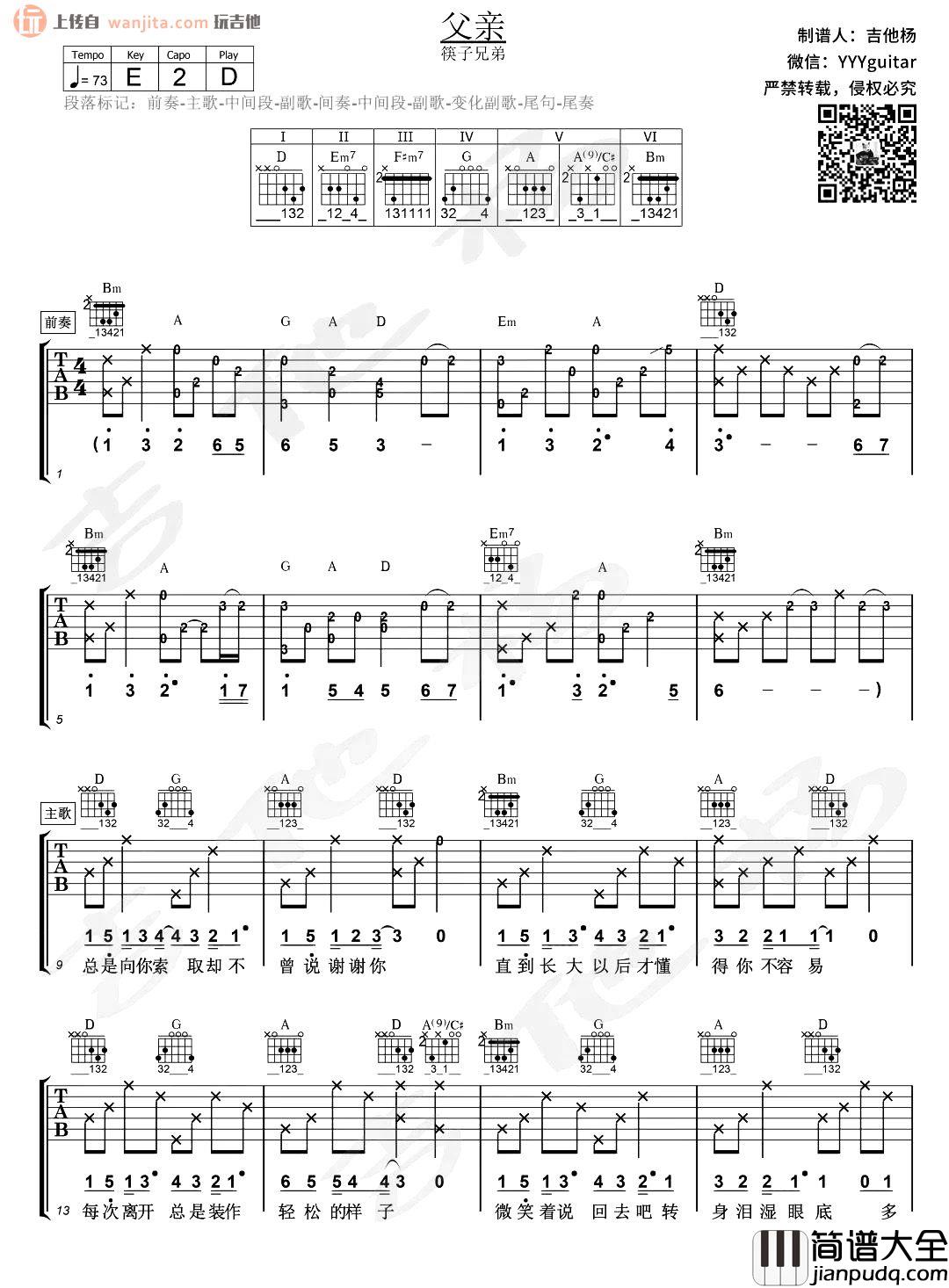 父亲吉他谱_筷子兄弟_D调六线谱_《父亲》吉他弹唱谱 父亲吉他谱_筷子兄弟_D调六线谱__父亲_吉他弹唱谱
