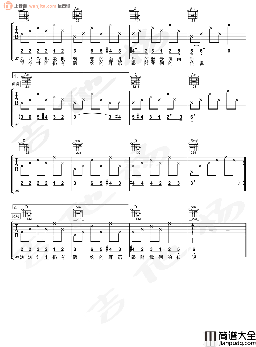 滚滚红尘吉他谱_陈淑桦_A调原版六线谱_吉他弹唱演示