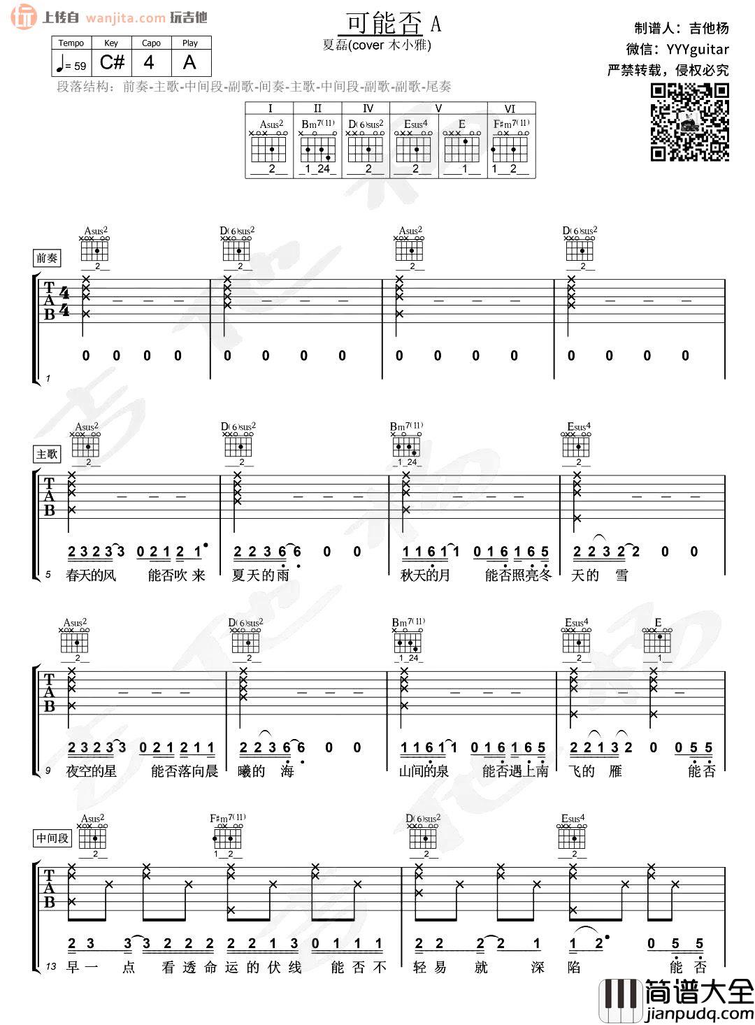 可能否吉他谱_木小雅_简单版/原版六线谱_《可能否》吉他弹唱谱 可能否吉他谱_木小雅_简单版/原版六线谱__可能否_吉他弹唱谱