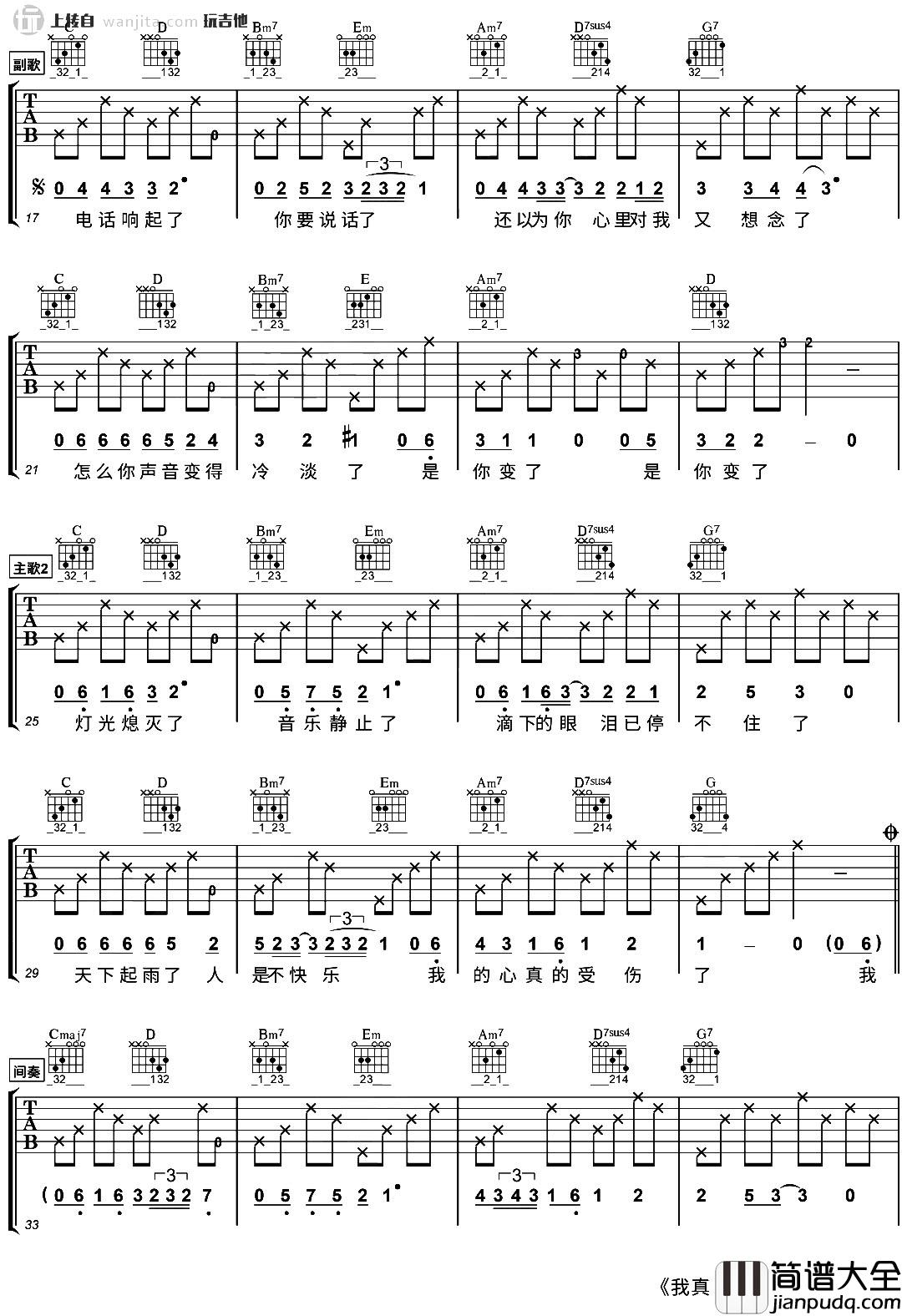 我真的受伤了吉他谱_张学友_G调原版六线谱_吉他弹唱演示