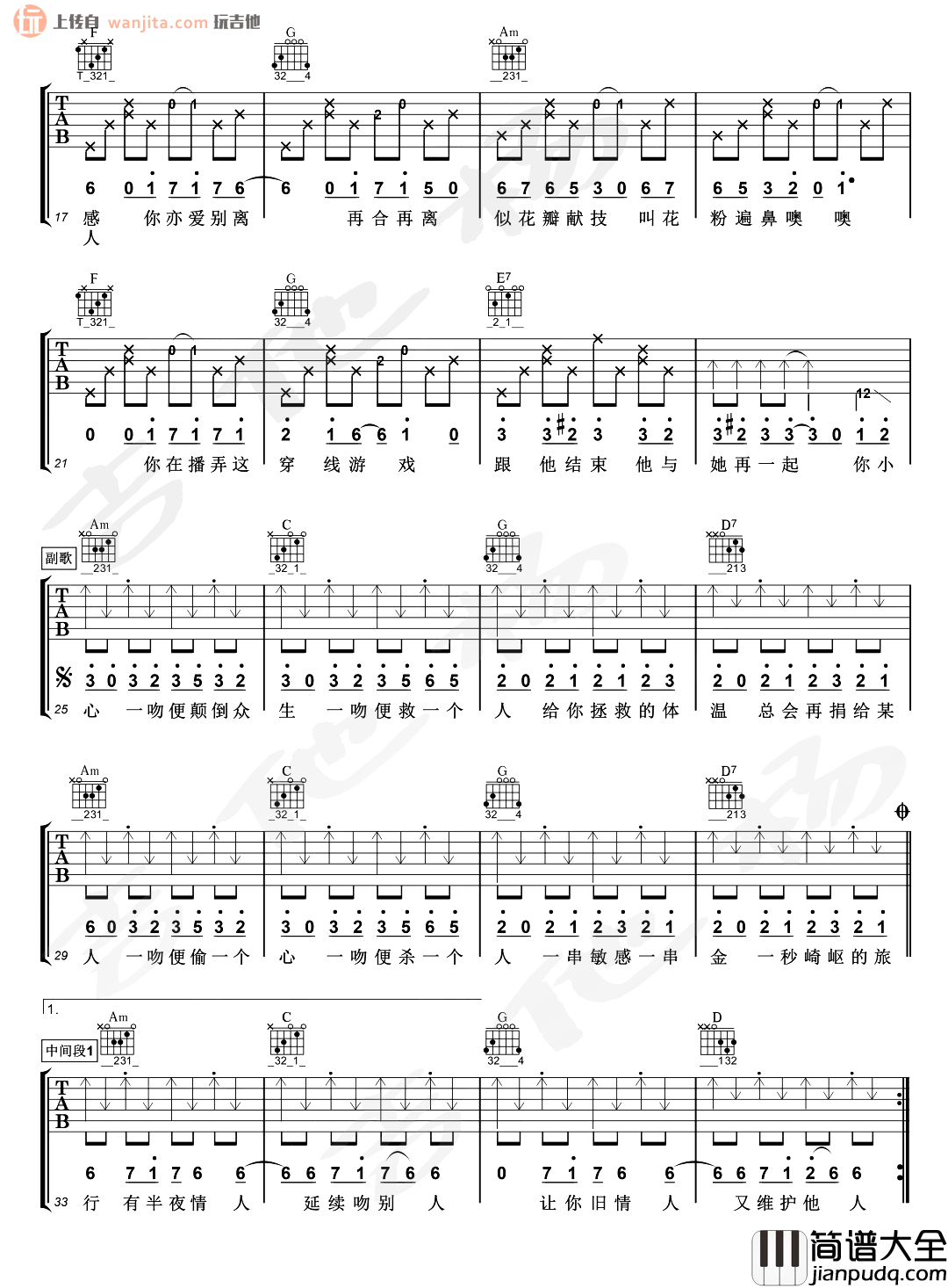 处处吻吉他谱_杨千嬅_C调扫弦六线谱_《处处吻》吉他弹唱谱 处处吻吉他谱_杨千嬅_C调扫弦六线谱__处处吻_吉他弹唱谱