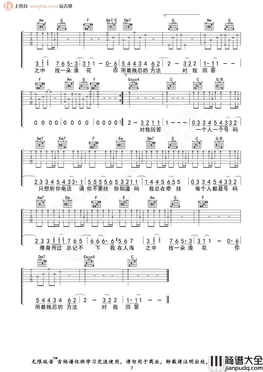 周笔畅_号码_吉他谱_C调六线谱_号码吉他弹唱谱