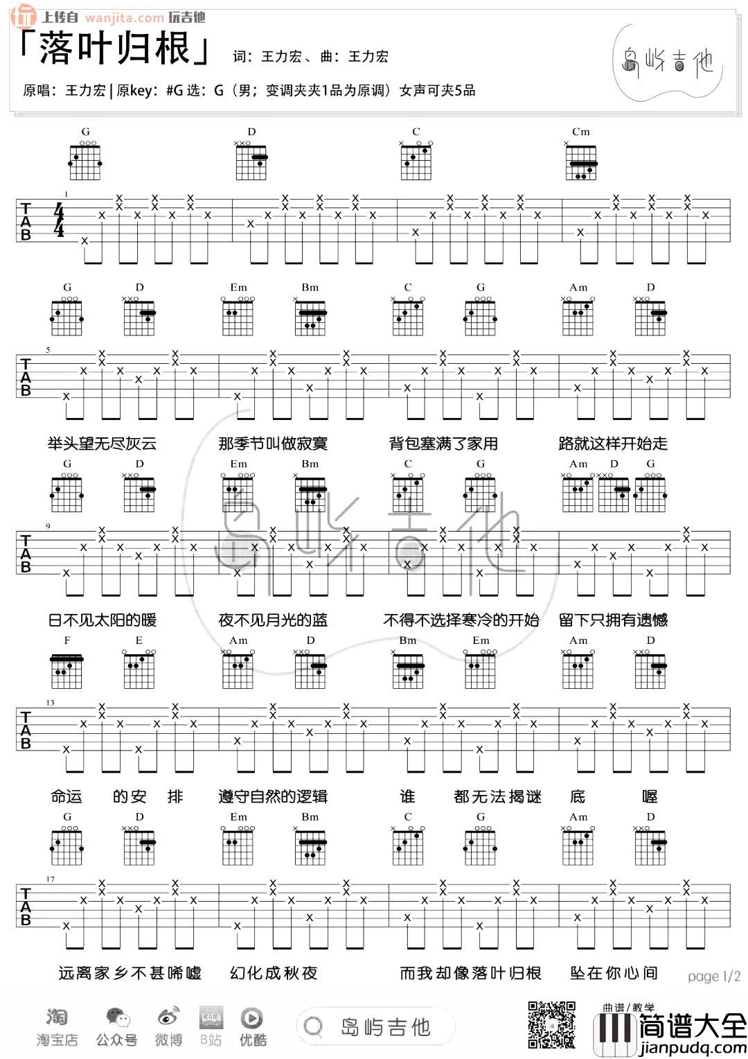 落叶归根吉他谱_王力宏_G调简单版六线谱_吉他弹唱谱