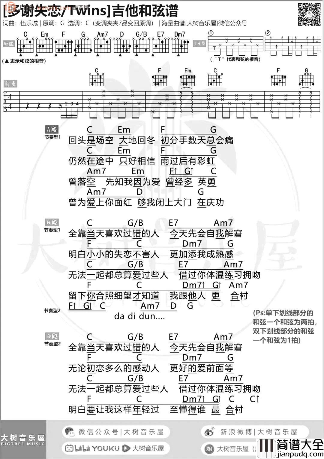 _多谢失恋_吉他谱_twins_C调弹唱和弦谱_图片谱