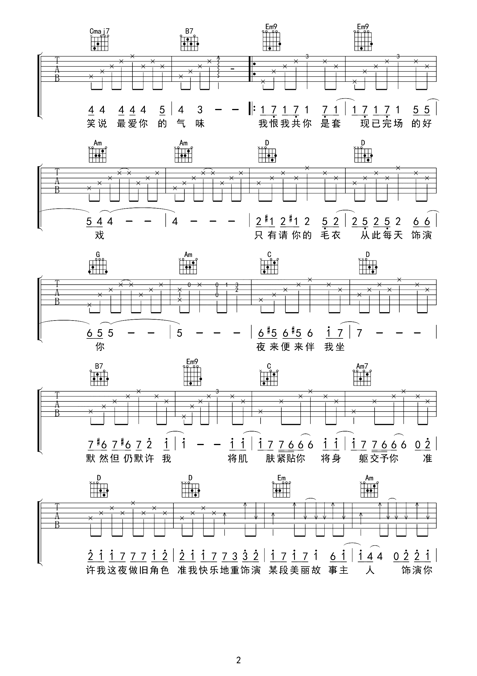 陈慧娴_傻女_吉他谱_G调原版六线谱__傻女_高清图片谱