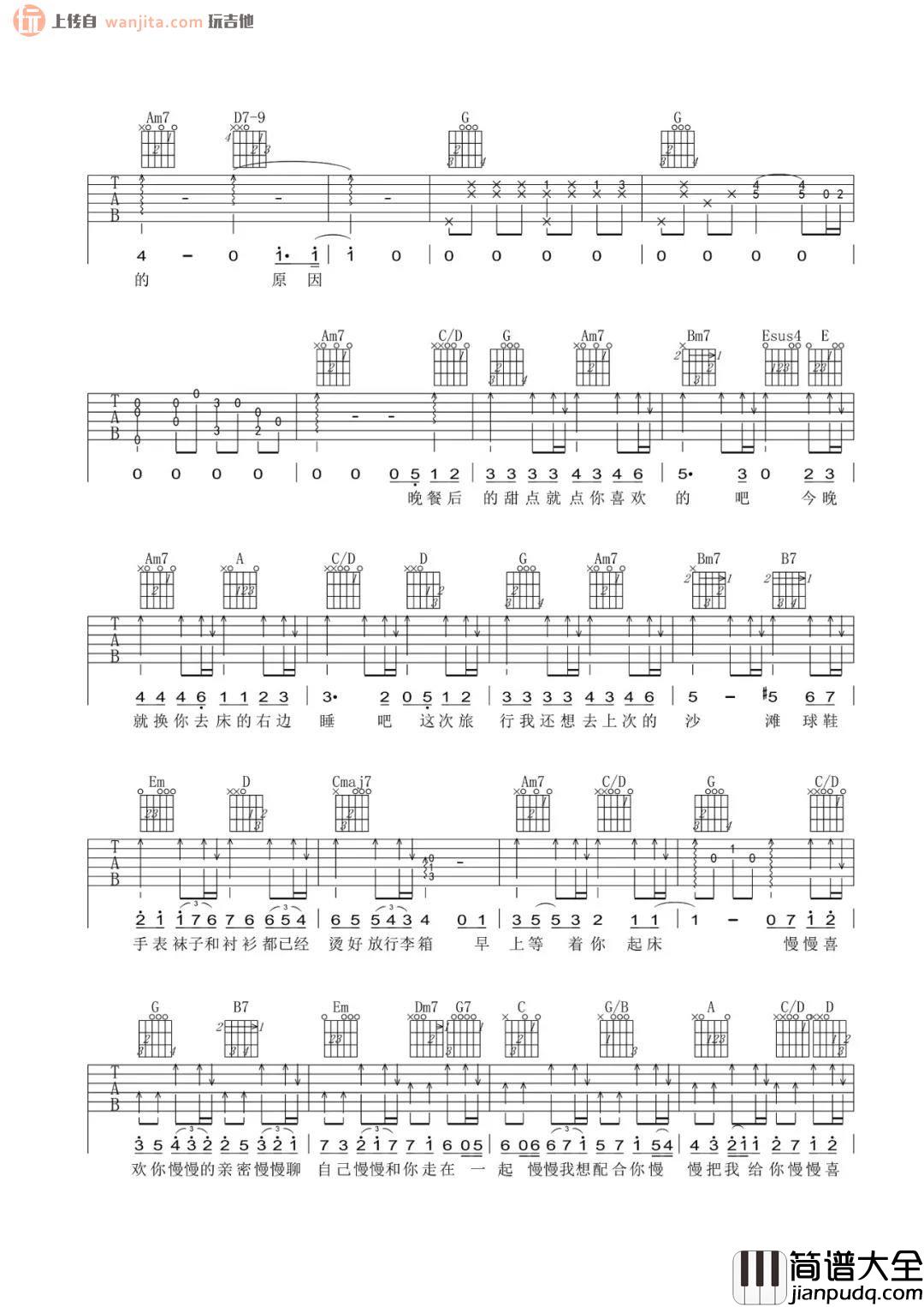 慢慢喜欢你吉他谱_莫文蔚_G调原版六线谱_附吉他弹唱音频