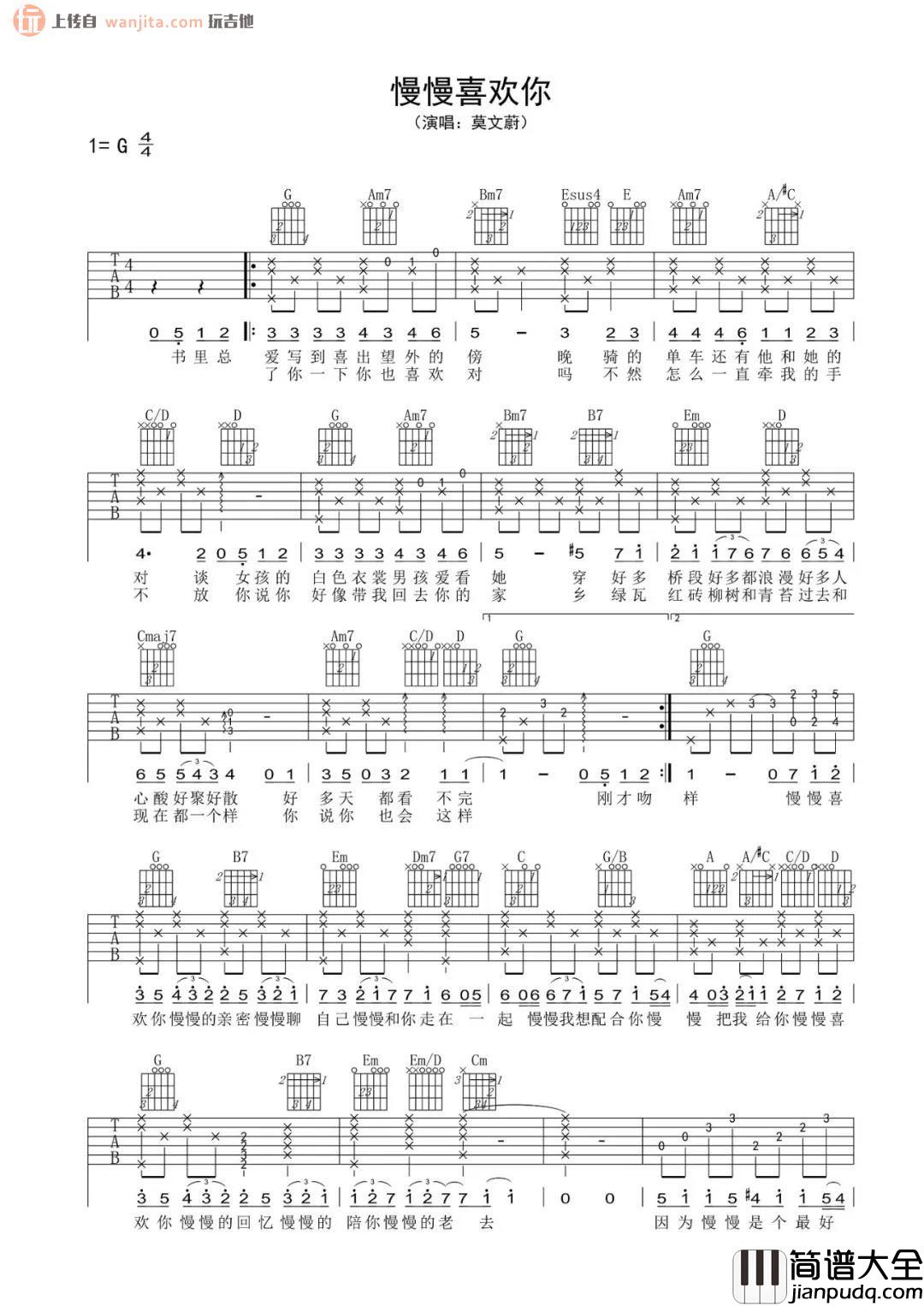 慢慢喜欢你吉他谱_莫文蔚_G调原版六线谱_附吉他弹唱音频
