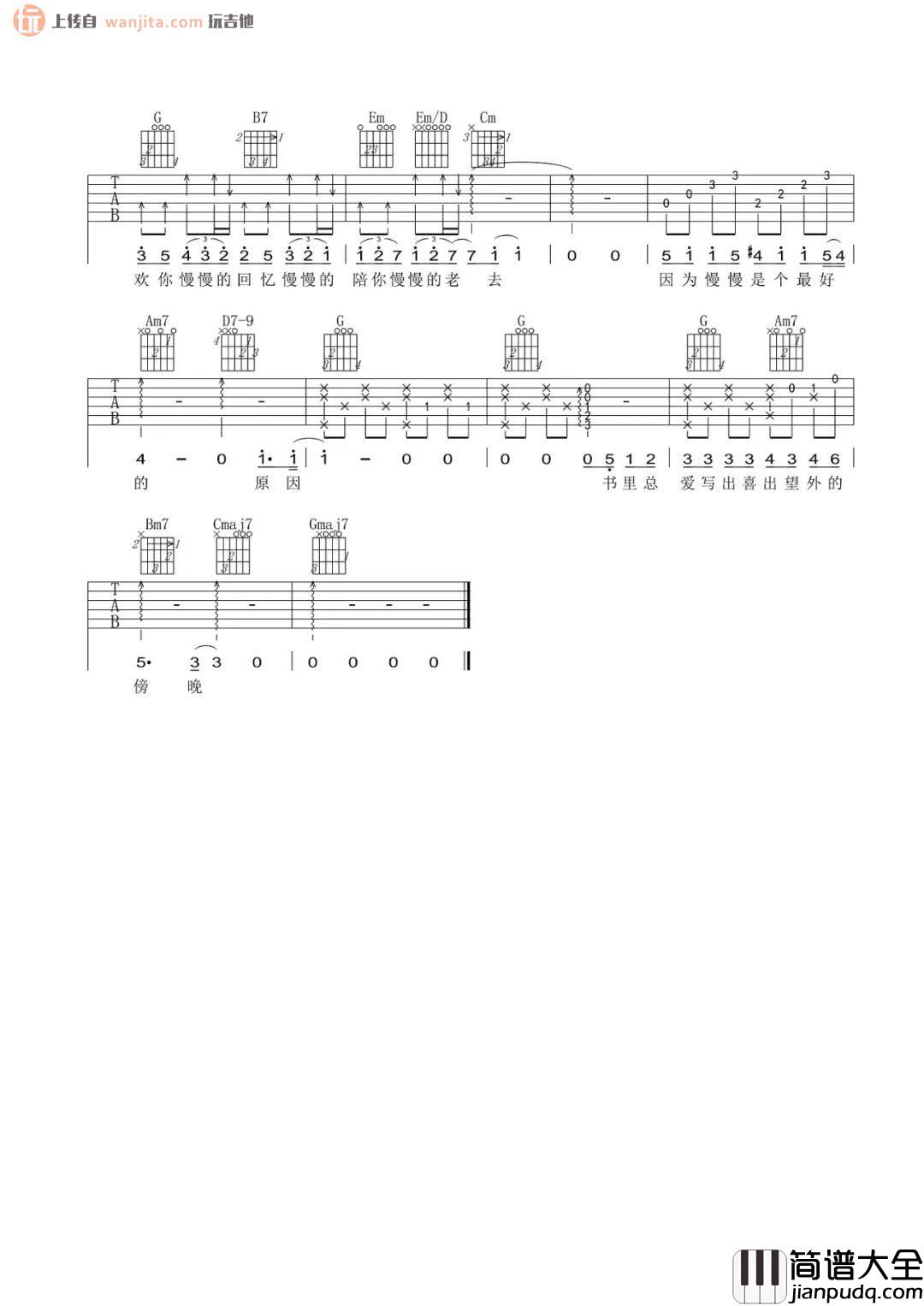 慢慢喜欢你吉他谱_莫文蔚_G调原版六线谱_附吉他弹唱音频