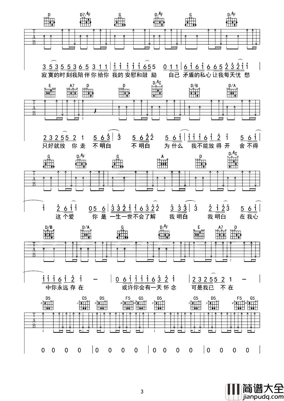 小镇姑娘吉他谱_陶喆_D调扫弦原版六线谱_高清图片谱