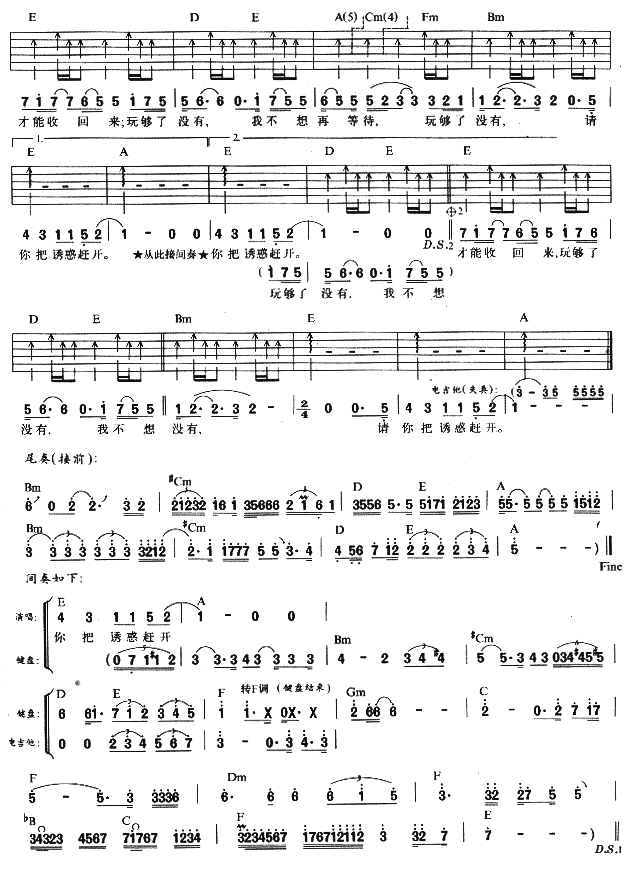 回心转意吉他谱_零点乐队_A调弹唱六线谱_高清图片谱