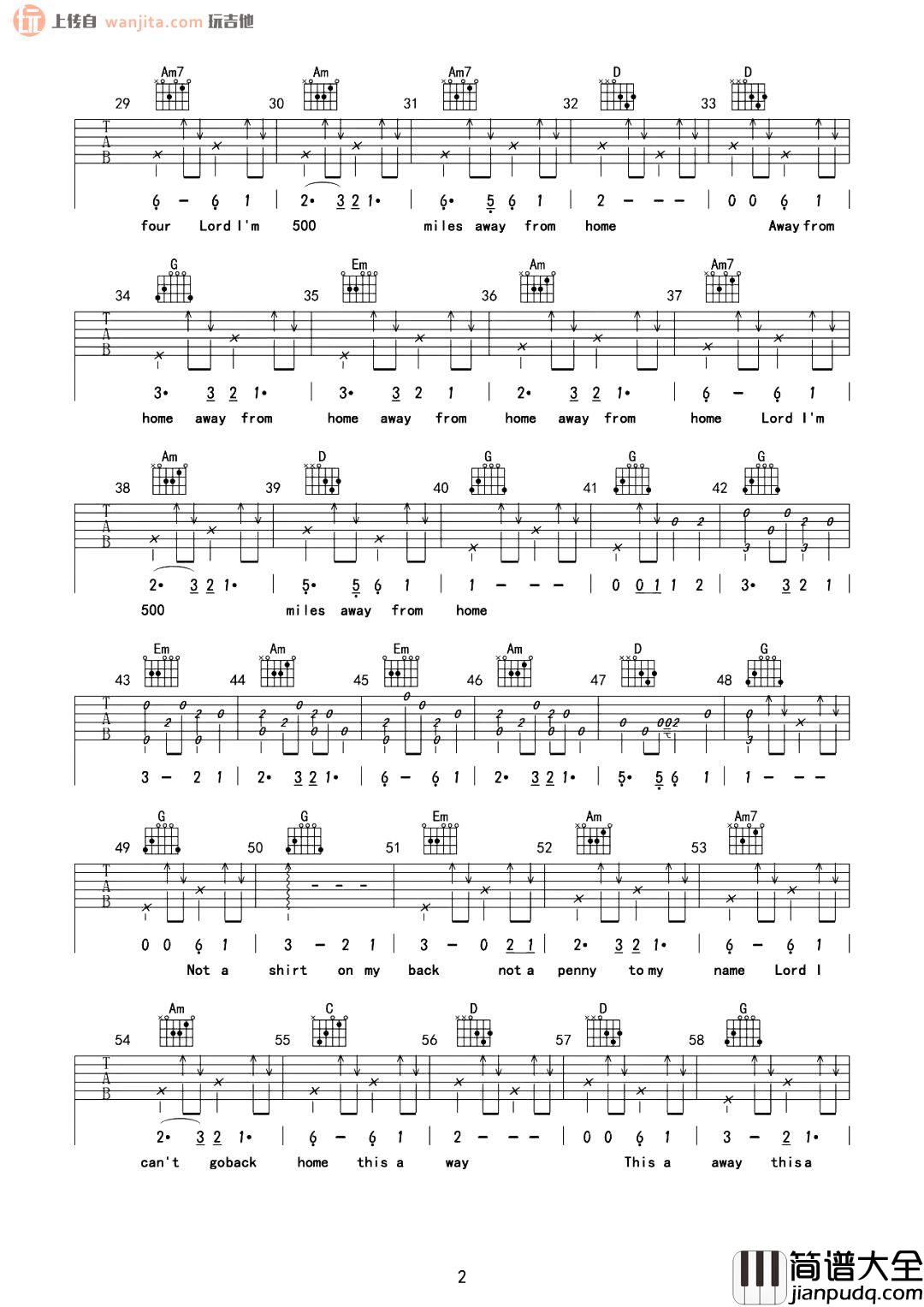 500英里吉他谱_旅行者乐队_G调原版六线谱_高清图片谱