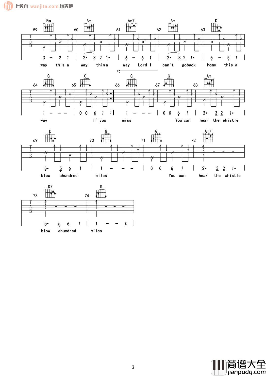 500英里吉他谱_旅行者乐队_G调原版六线谱_高清图片谱
