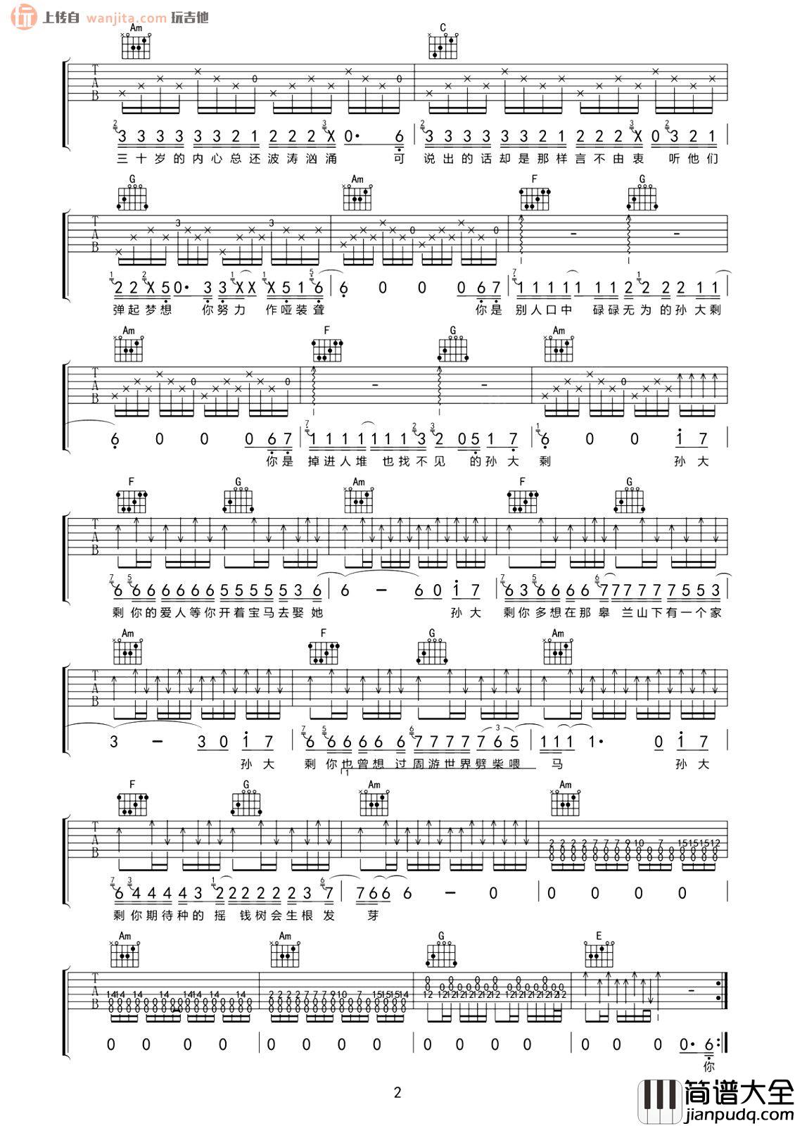 孙大剩吉他谱_白亮/赵静_C调原版六线谱_《孙大剩》吉他弹唱谱 孙大剩吉他谱_白亮/赵静_C调原版六线谱__孙大剩_吉他弹唱谱