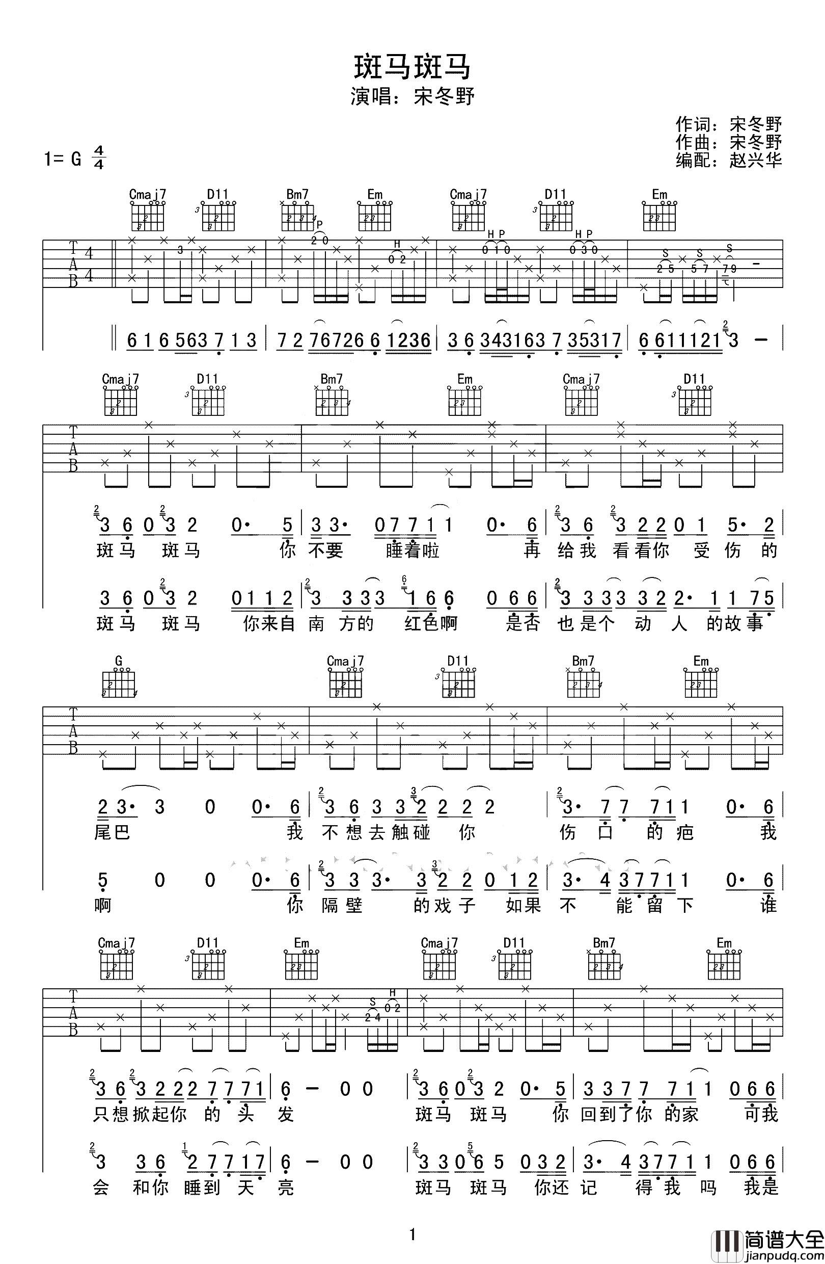 斑马斑马吉他谱_宋冬野_G调原版六线谱_经典民谣歌曲