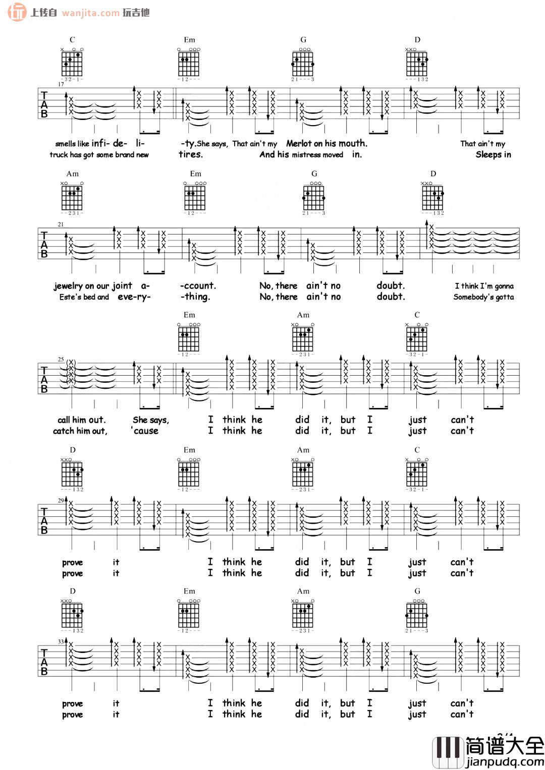 No Body,No Crime吉他谱_泰勒·斯威夫特_原版六线谱_高清图片谱 No_Body,No_Crime吉他谱_泰勒·斯威夫特_原版六线谱_高清图片谱