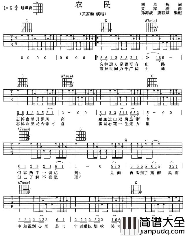 农民吉他谱_beyond_G调扫弦六线谱_《农民》吉他弹唱谱 农民吉他谱_beyond_G调扫弦六线谱__农民_吉他弹唱谱