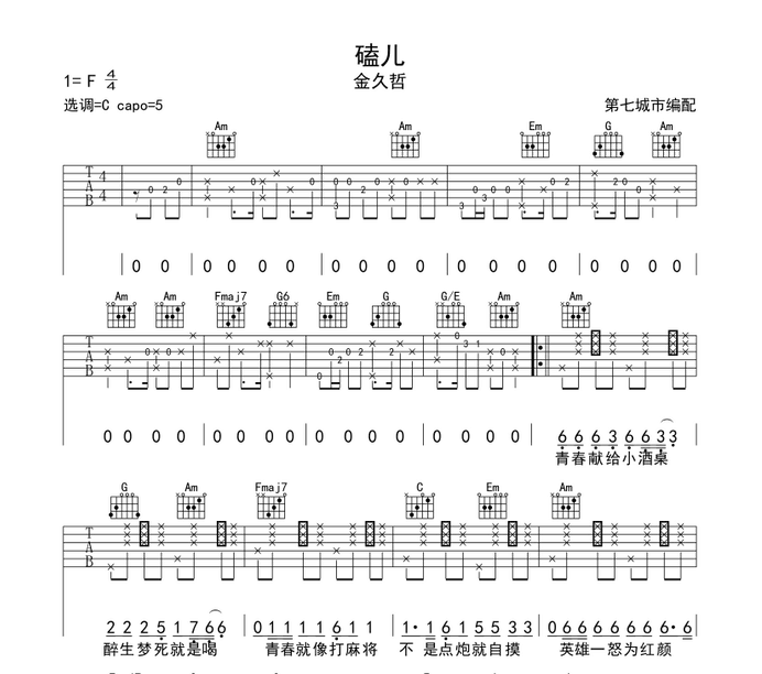 磕儿吉他谱_金久哲_C调原版六线谱__磕儿_吉他弹唱谱