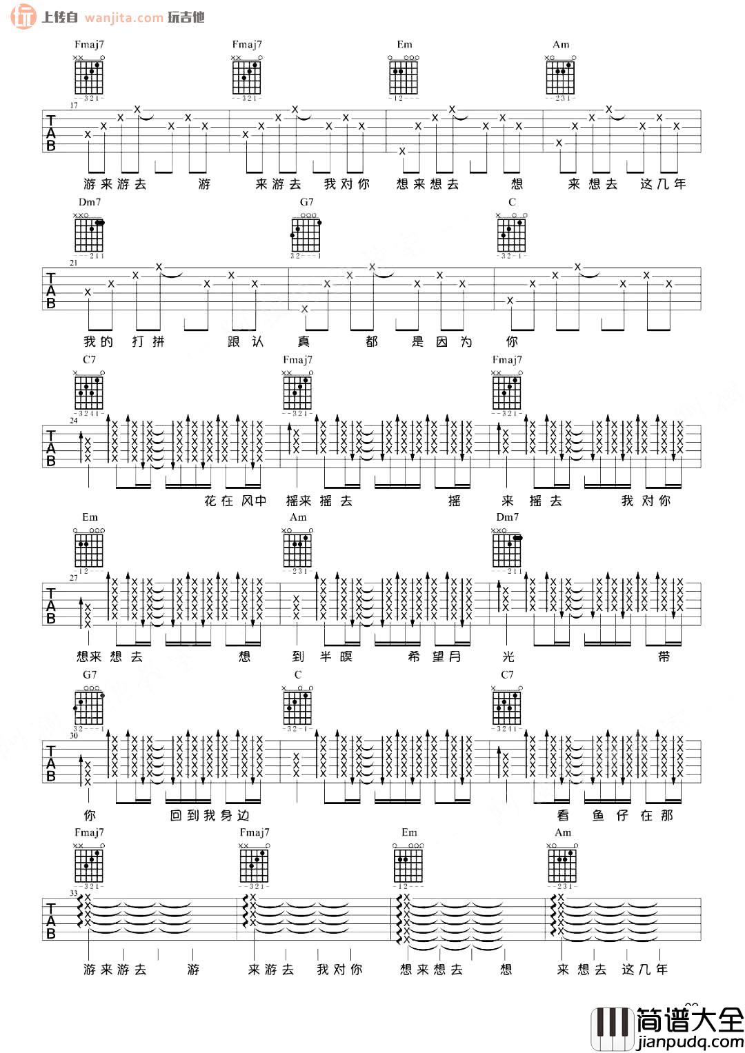 鱼仔吉他谱_卢广仲_C调女生版六线谱__鱼仔_高清图片谱