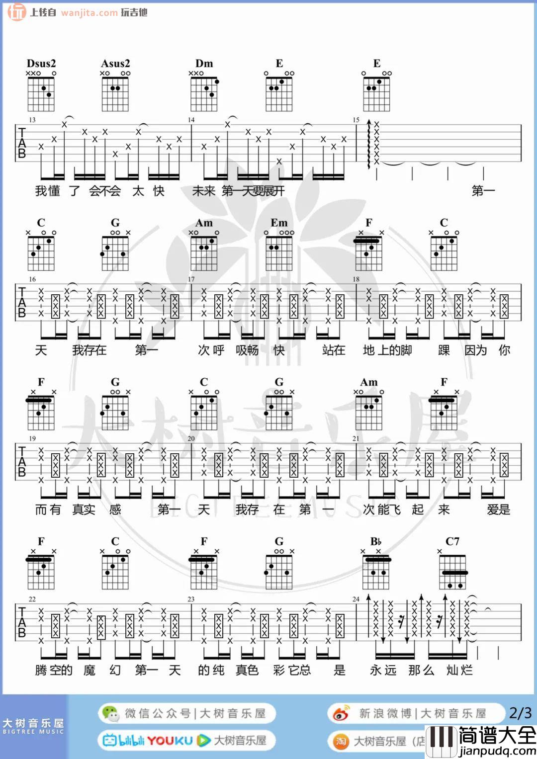 第一天吉他谱_孙燕姿_A调六线谱__第一天_吉他弹唱教学/示范