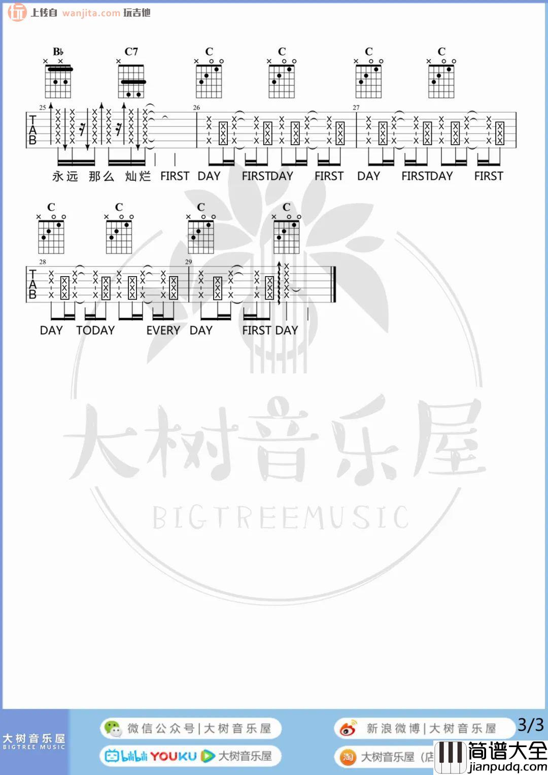 第一天吉他谱_孙燕姿_A调六线谱__第一天_吉他弹唱教学/示范