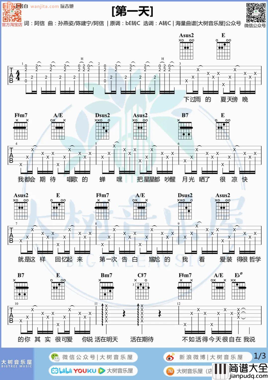 第一天吉他谱_孙燕姿_A调六线谱__第一天_吉他弹唱教学/示范