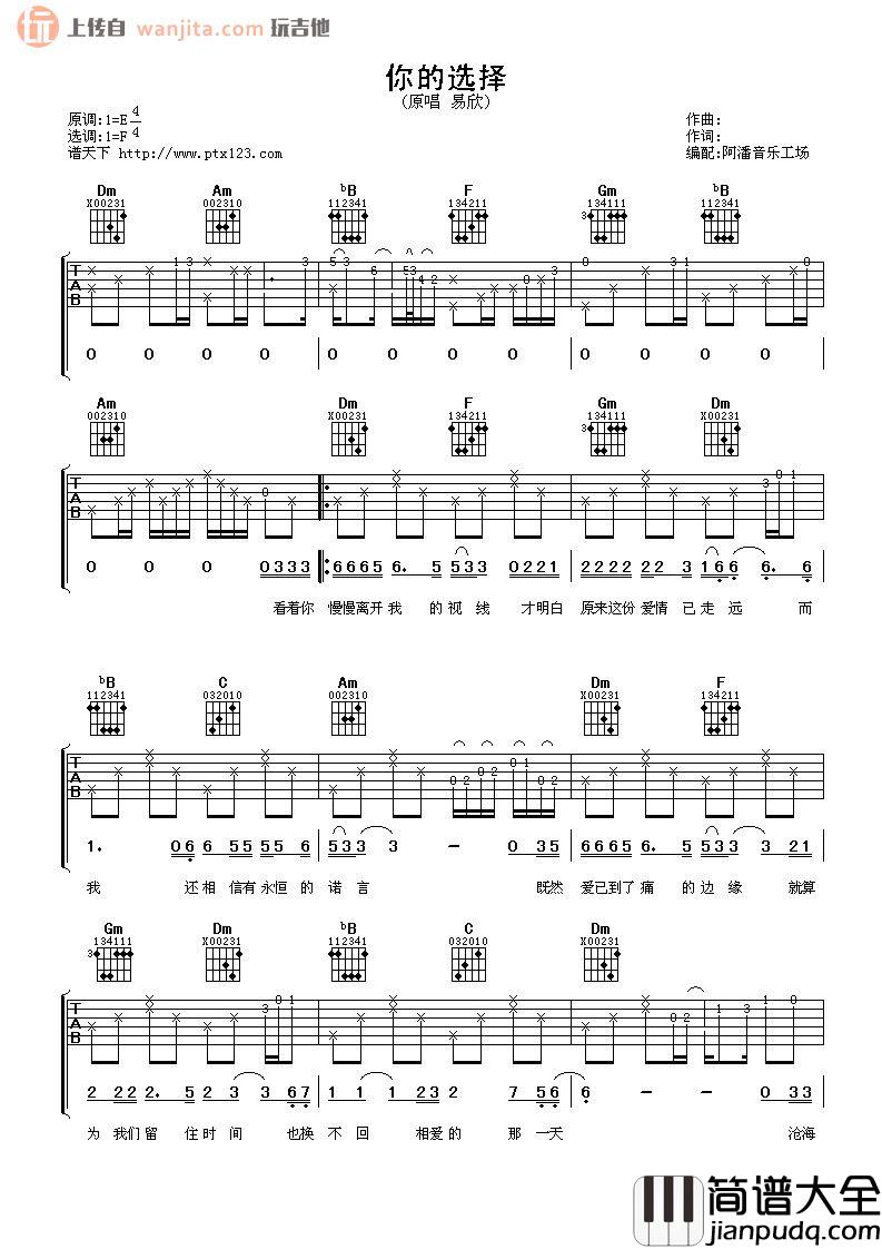 《你的选择》吉他谱_易欣_F调弹唱六线谱_高清图片谱 _你的选择_吉他谱_易欣_F调弹唱六线谱_高清图片谱