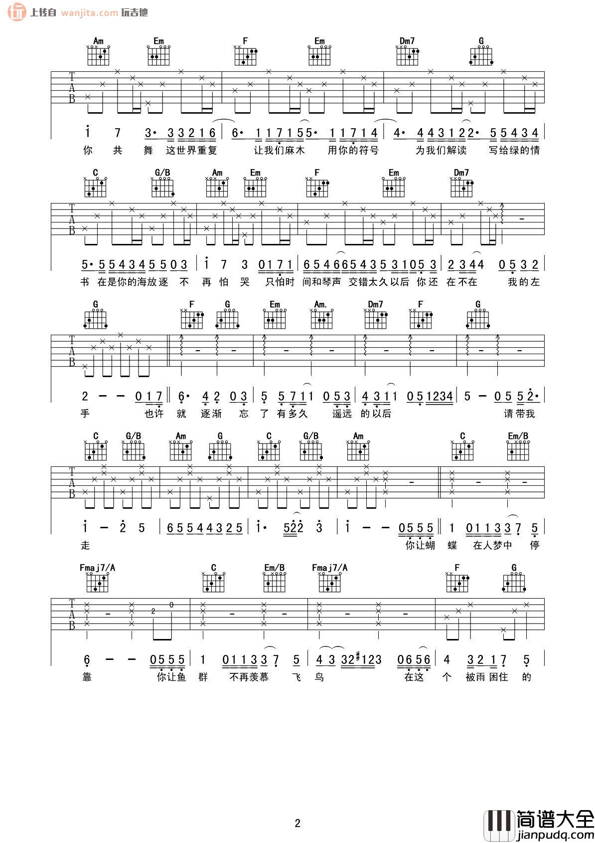 《写给绿的情书》吉他谱_牛奶很白_C调原版弹唱六线谱 _写给绿的情书_吉他谱_牛奶很白_C调原版弹唱六线谱
