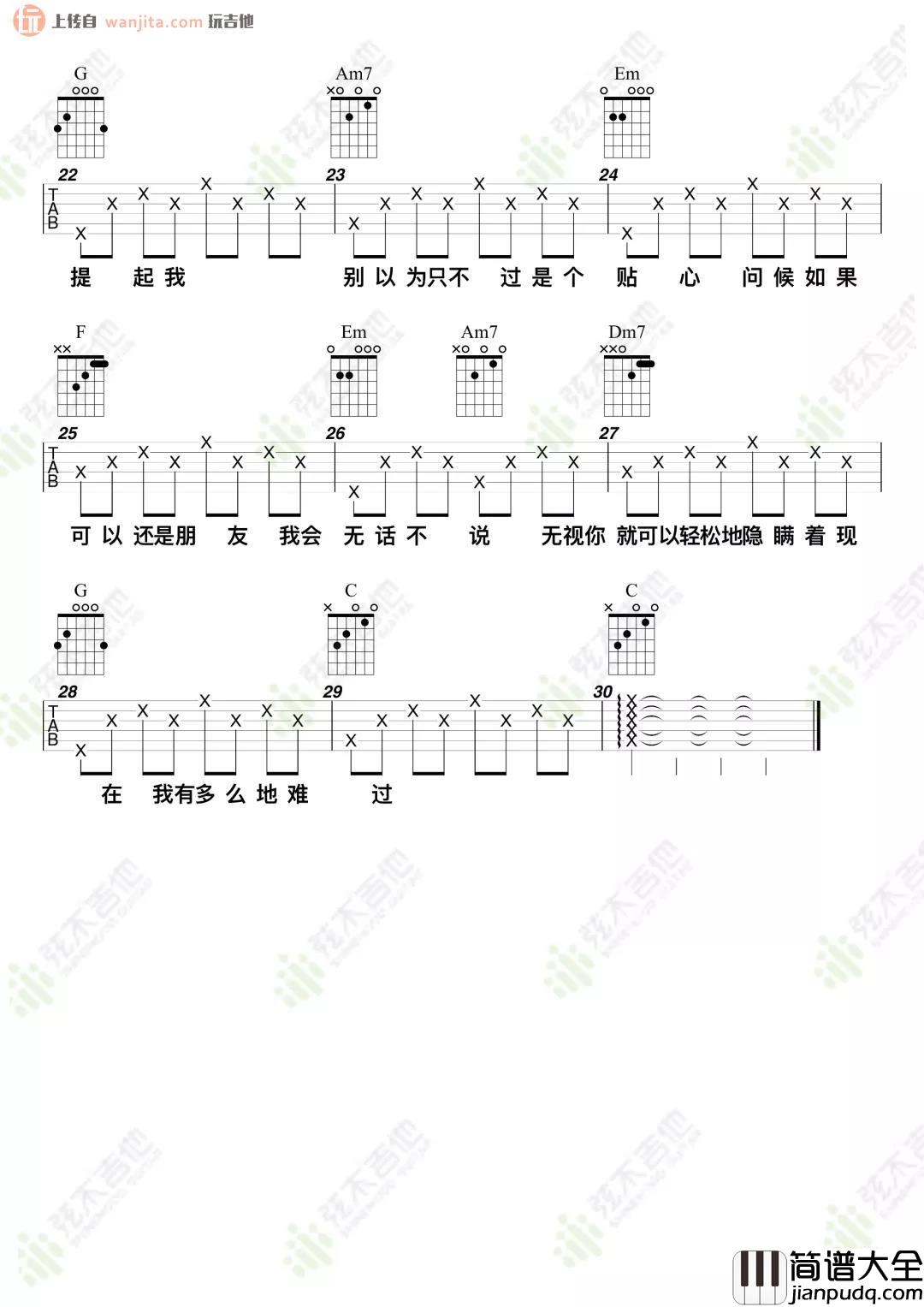 _别再想见我_吉他谱_许光汉_C调简单版六线谱_吉他弹唱谱
