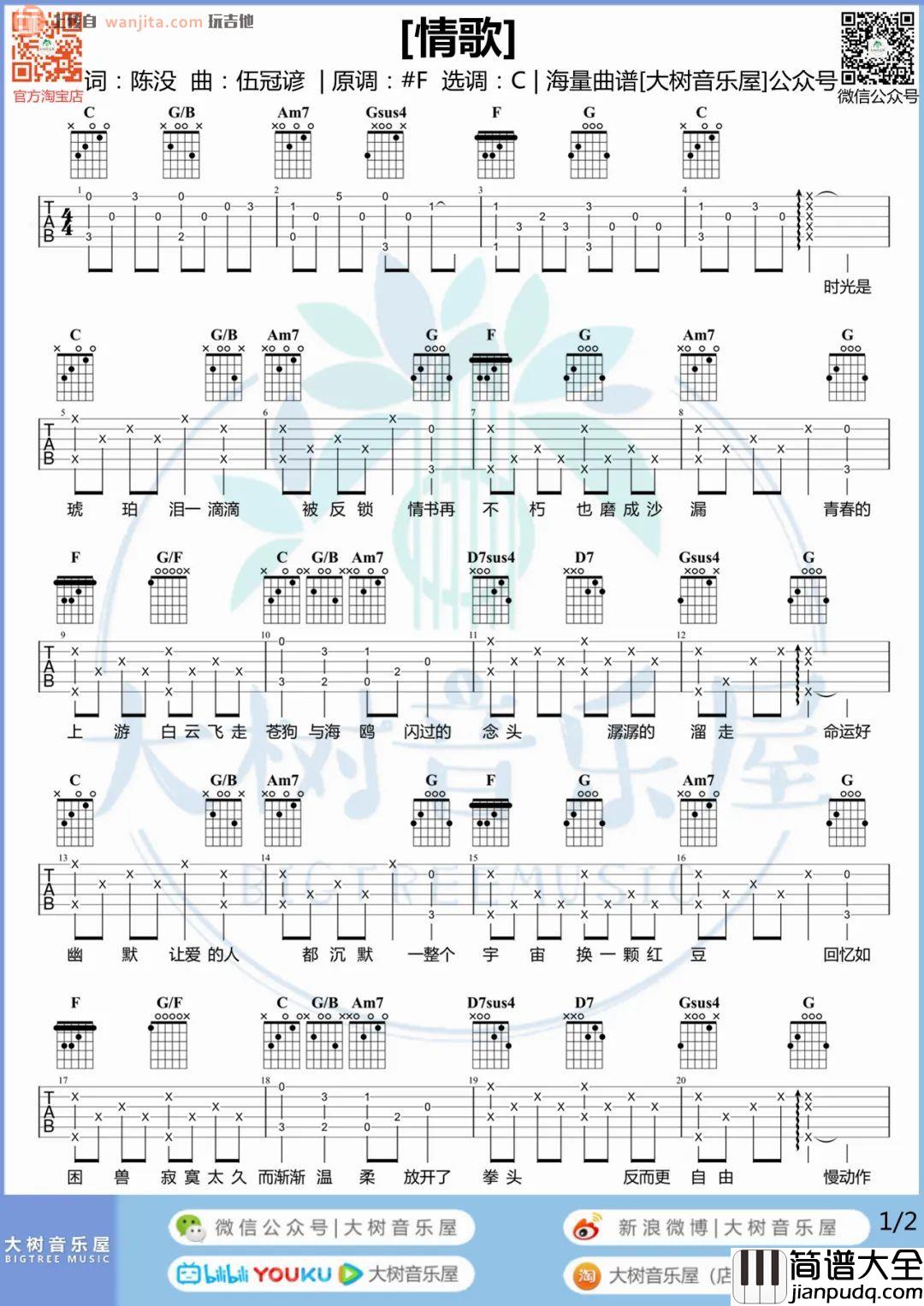 梁静茹_情歌_吉他谱_C调超原版六线谱_情歌吉他弹唱教学