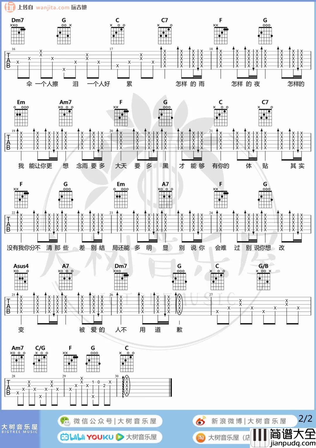 《下雨天》吉他谱_C调完整版六线谱_下雨天吉他弹唱教学/示范_单依纯 _下雨天_吉他谱_C调完整版六线谱_下雨天吉他弹唱教学/示范_单依纯