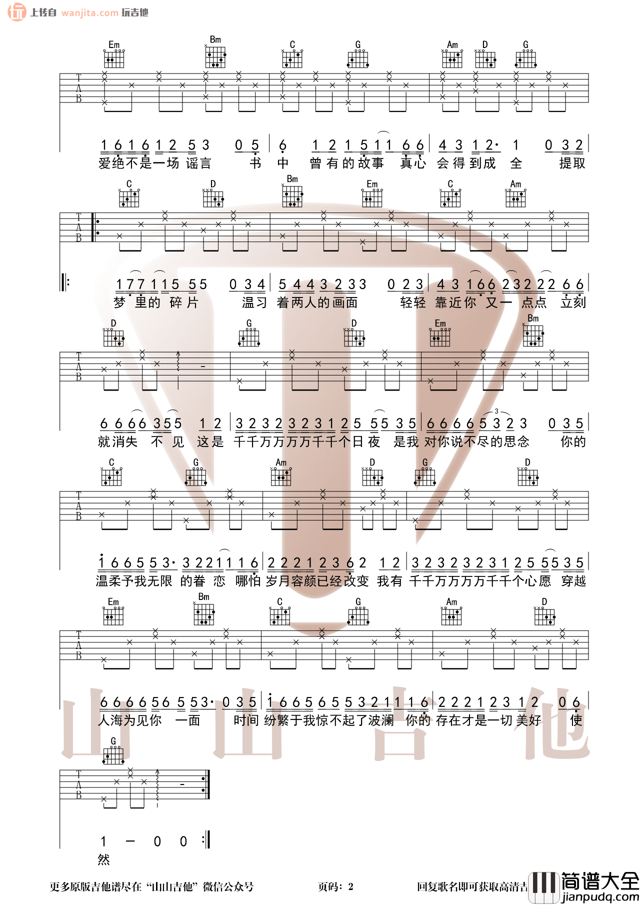 _千千万万_吉他谱_G调简单原版六线谱_高清图片谱_抖音热门