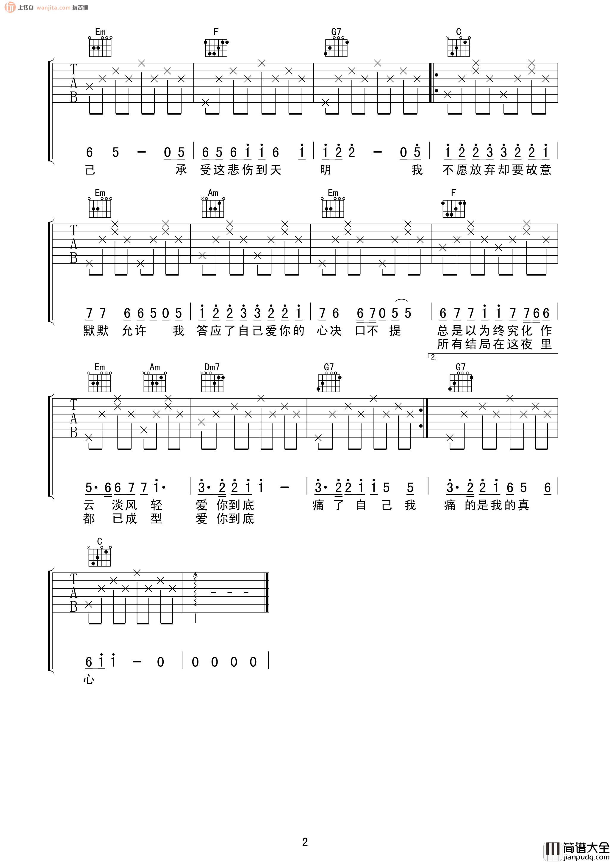 _绝口不提爱你_吉他谱_C调简单版六线谱_吉他弹唱谱_郑中基