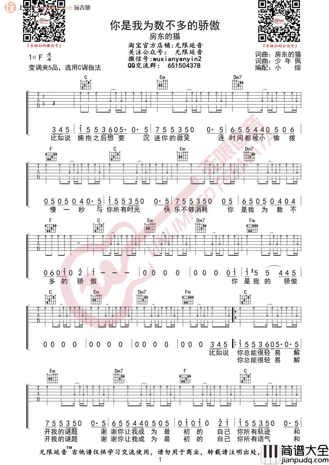 _你是我为数不多的骄傲_吉他谱_C调原版扫弦六线谱_高清图片谱_房东的猫